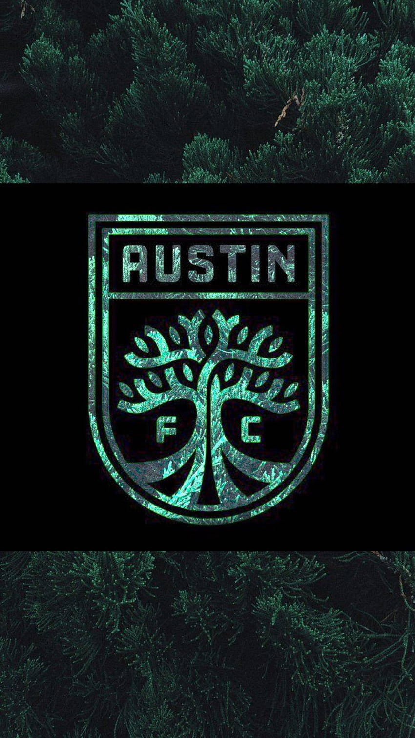 Austin Fc 桌布 壁紙 — 奧斯汀FC標誌在深色松林背景下發出紋理青綠色的光芒。