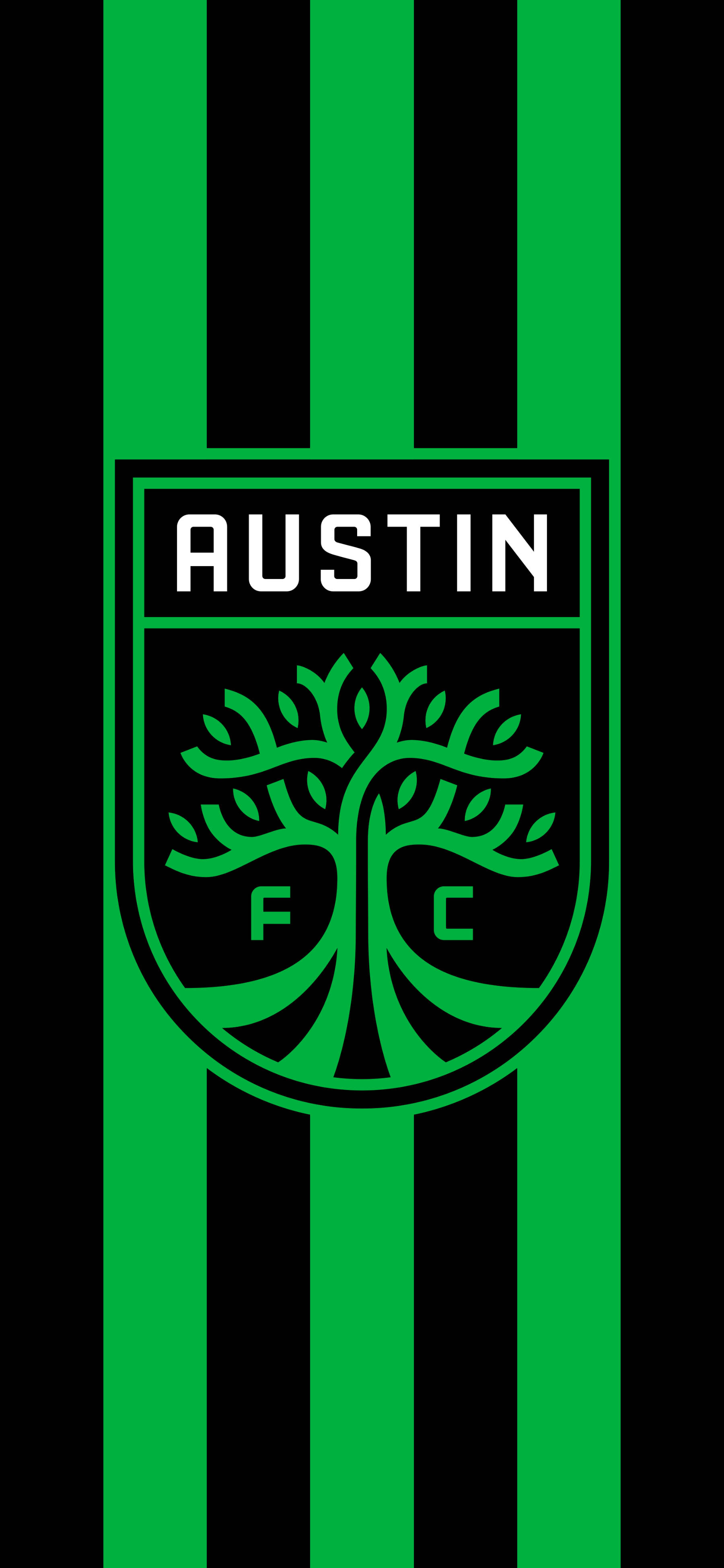 Austin Fc 桌布 壁紙 — 奧斯汀FC足球隊標誌，綠色樹木徽章居中於黑色和綠色垂直條紋上。