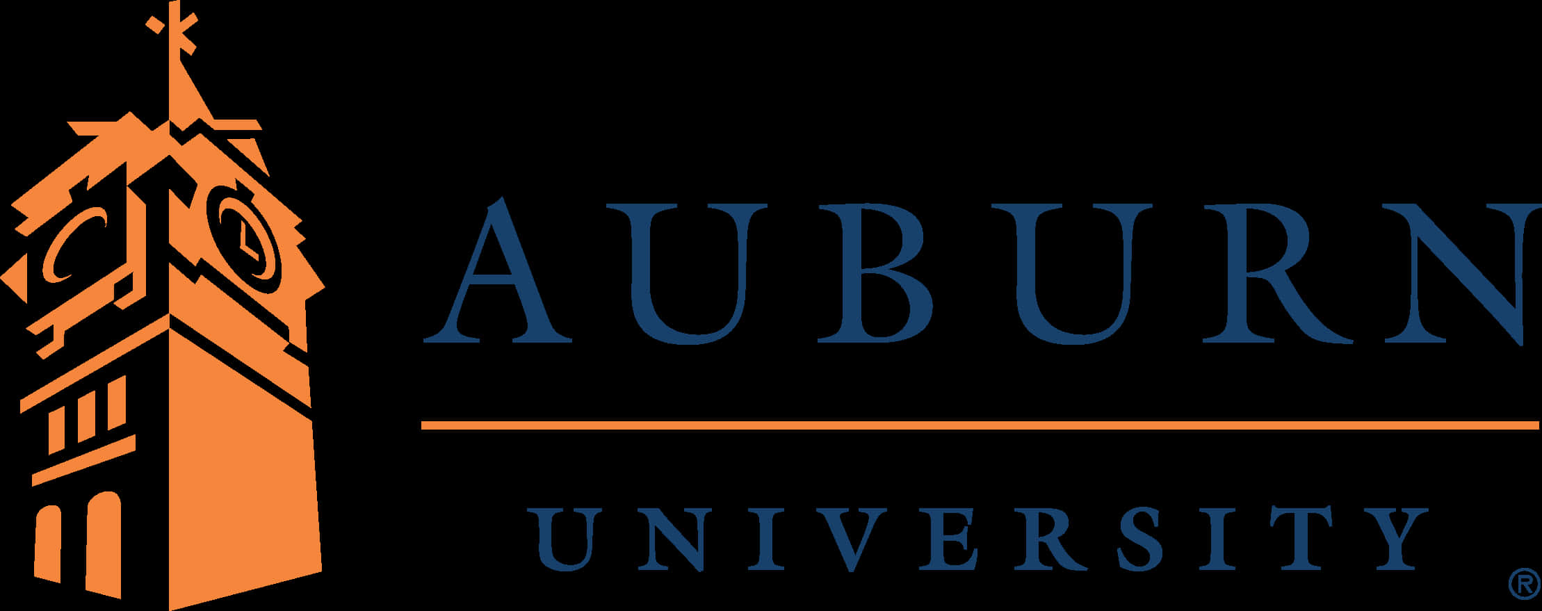 Auburn Logo 桌布 壁紙 — 奧本大學標誌，以橙色鐘樓圖示和藍色襯線文字為特色，背景為黑色。