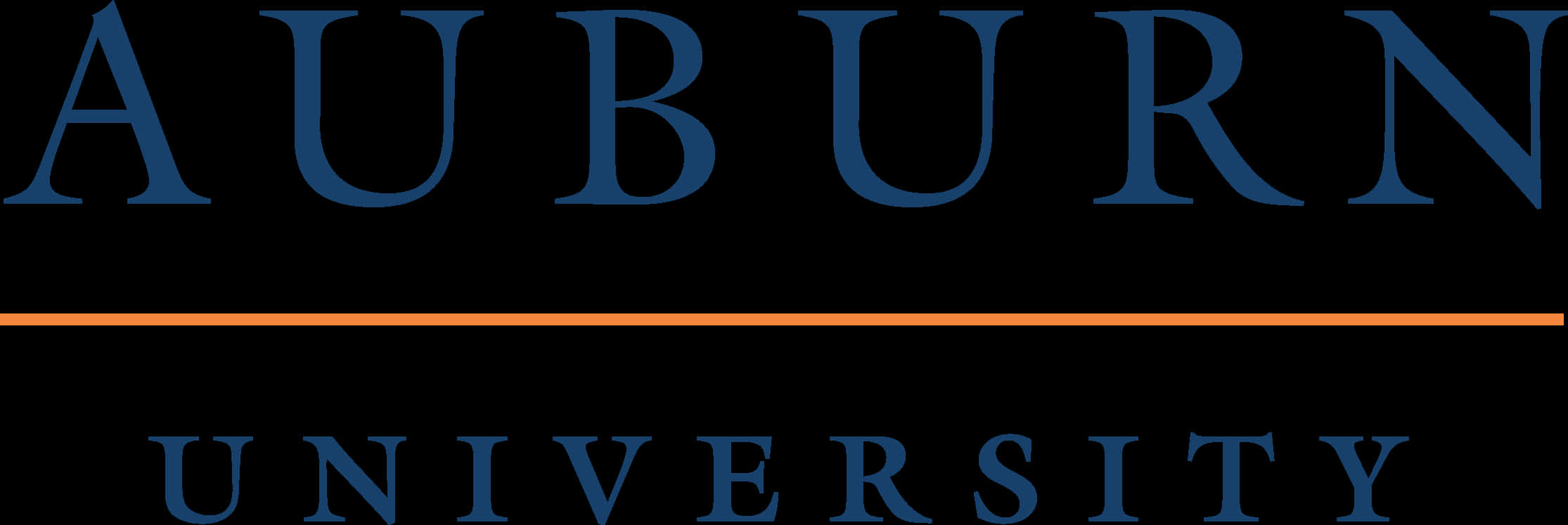 Auburn Logo 桌布 壁紙 — 奧本大學標誌，藍色襯線文字配橙色水平條紋，黑色背景。