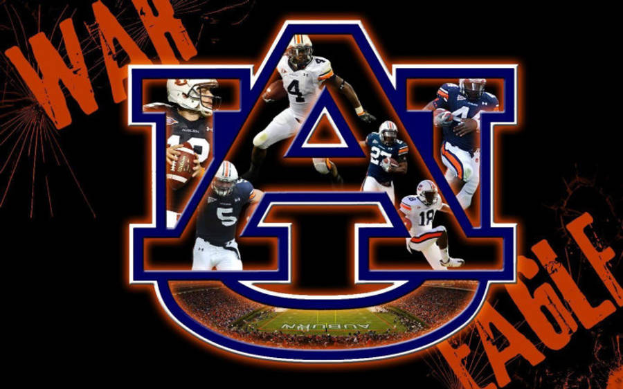 足球 桌布 壁紙 — 奧本大學足球運動員在發光的「AU」標誌、體育場和「WAR EAGLE」文字框中的動作。