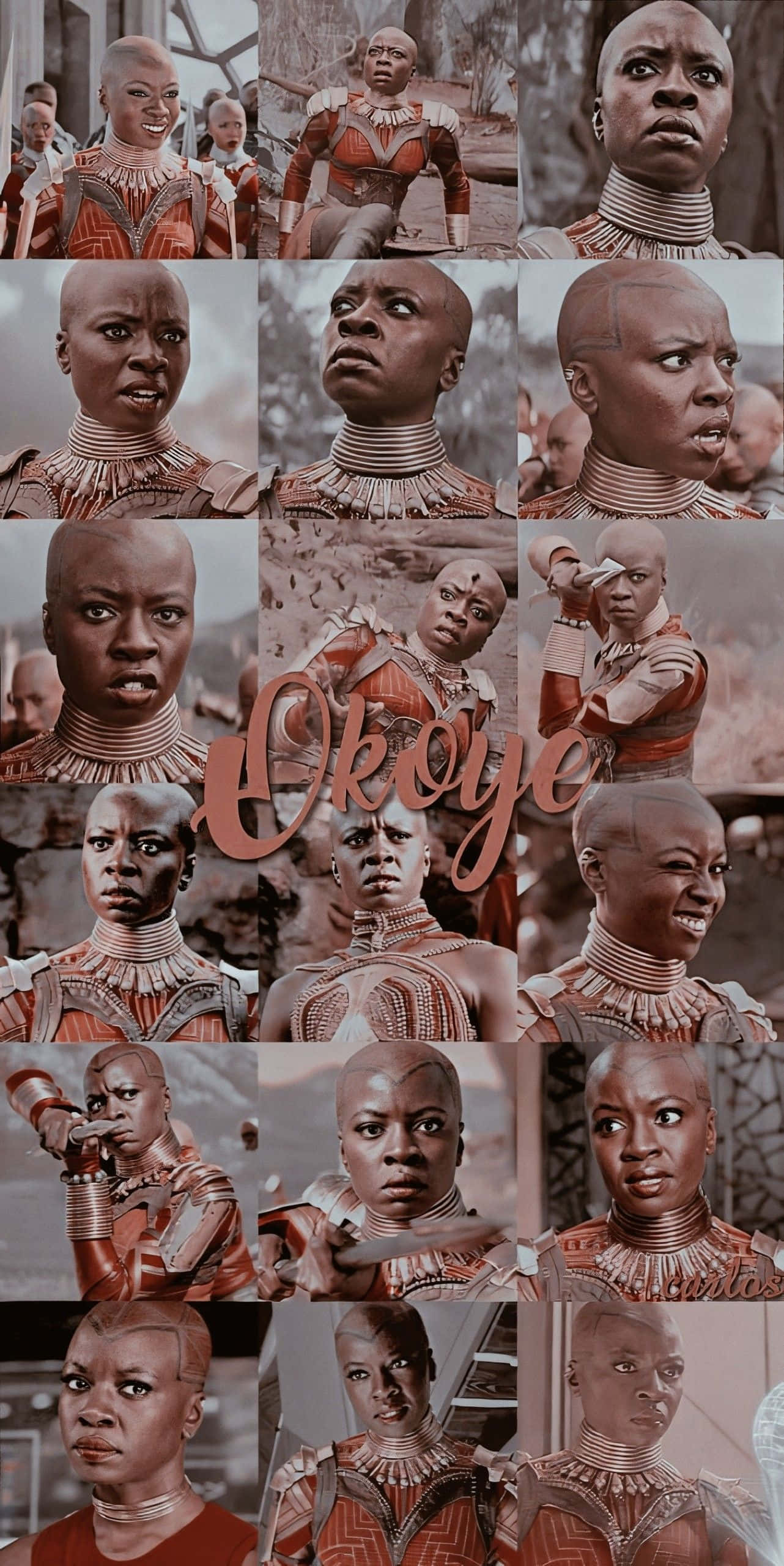 Okoye 桌布 壁紙 — 奧科耶身穿瓦干達盔甲的強烈特寫鏡頭拼貼畫，採用大膽的紅色和金色色調。