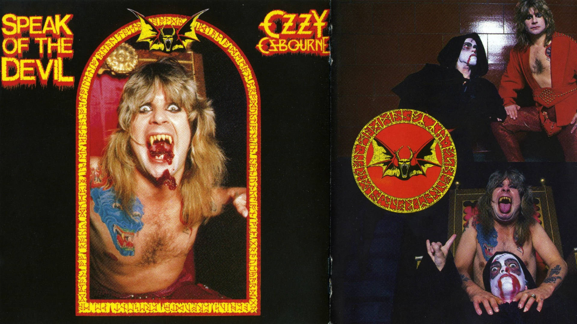 Ozzy Osbourne 桌布 壁紙 — 奧茲·奧斯本（Ozzy Osbourne）滿口鮮血和紋身，在華麗的畫框中以黑暗背景為襯，與穿著神秘主題服裝的樂隊成員戲劇性地擺姿勢。