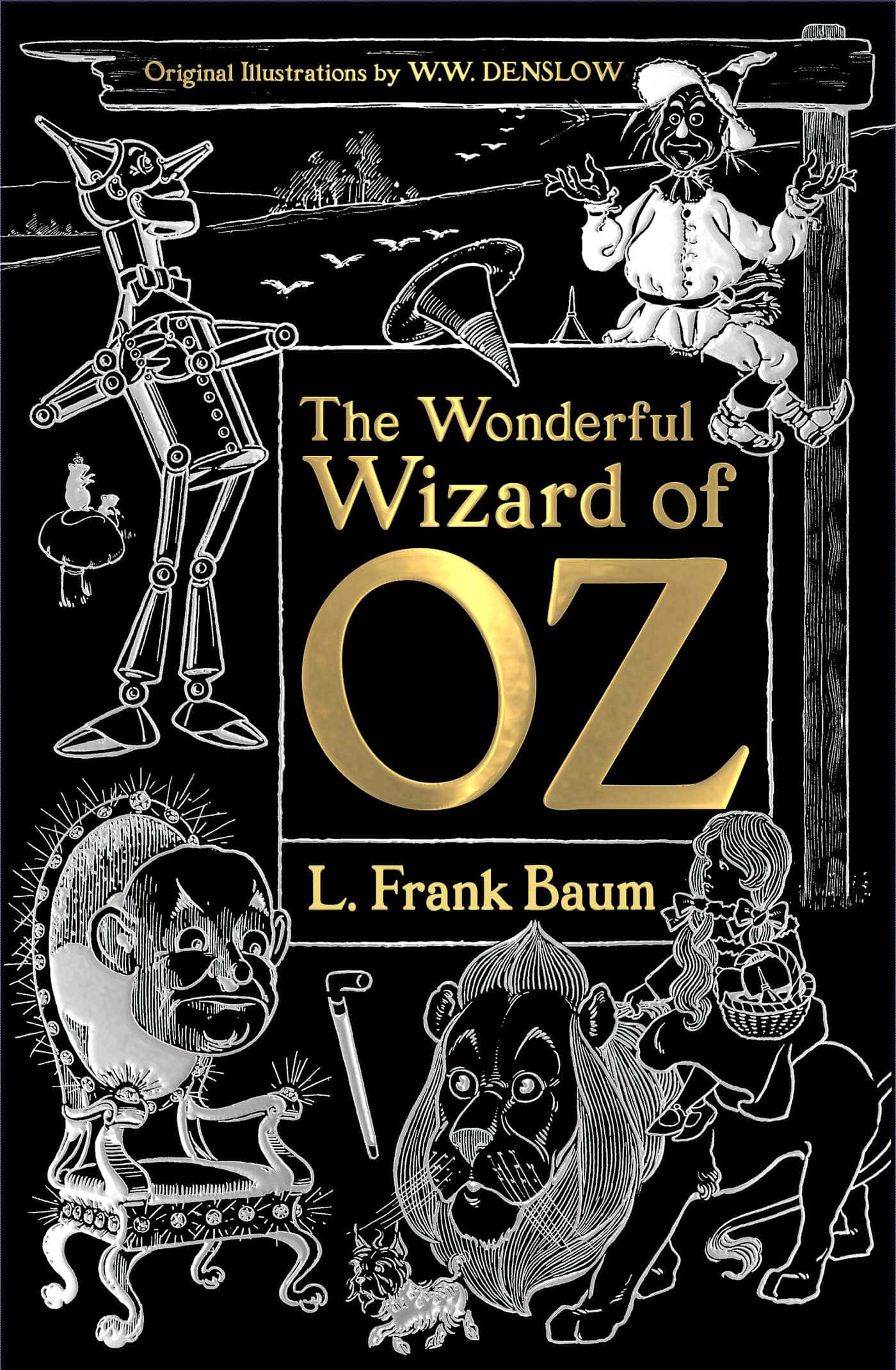 wizard of oz 桌布 壁紙 — 《奧茲大帝》經典黑白插圖封面， featuring 標誌性角色如鐵皮人、稻草人和獅子，以細緻線條藝術呈現。