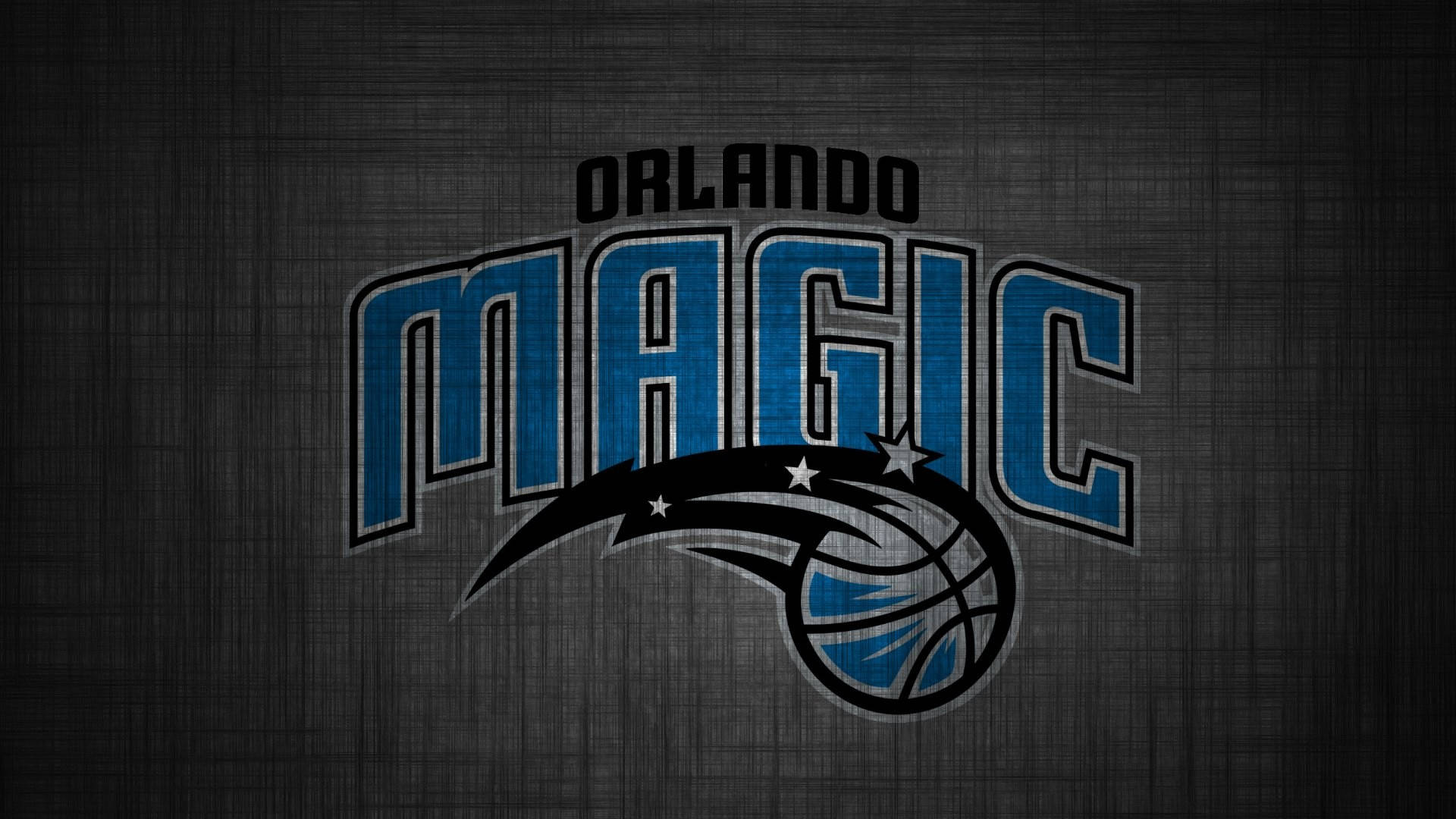 Orlando 桌布 壁紙 — 奧蘭多魔術籃球標誌，以粗體藍色和黑色呈現，背景為有紋理的深灰色。