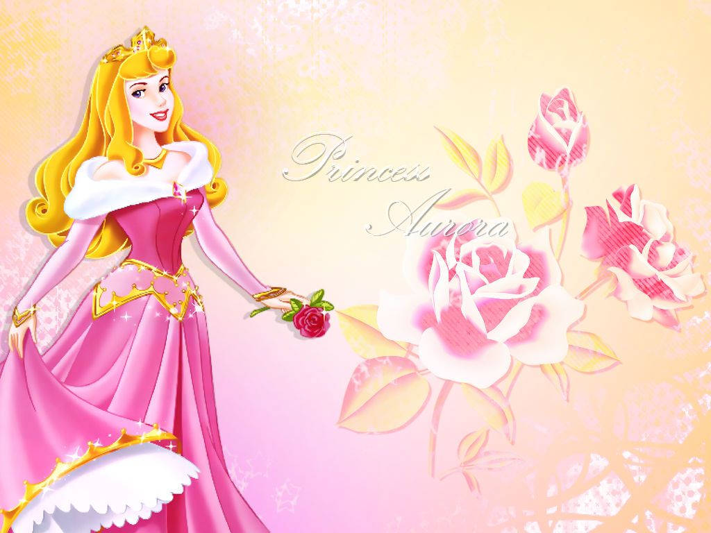 Princess 桌布 壁紙 — 奧蘿拉公主身穿粉紅色禮服，在柔和的粉彩背景前，手持一朵紅玫瑰，旁邊盛開著粉紅玫瑰。