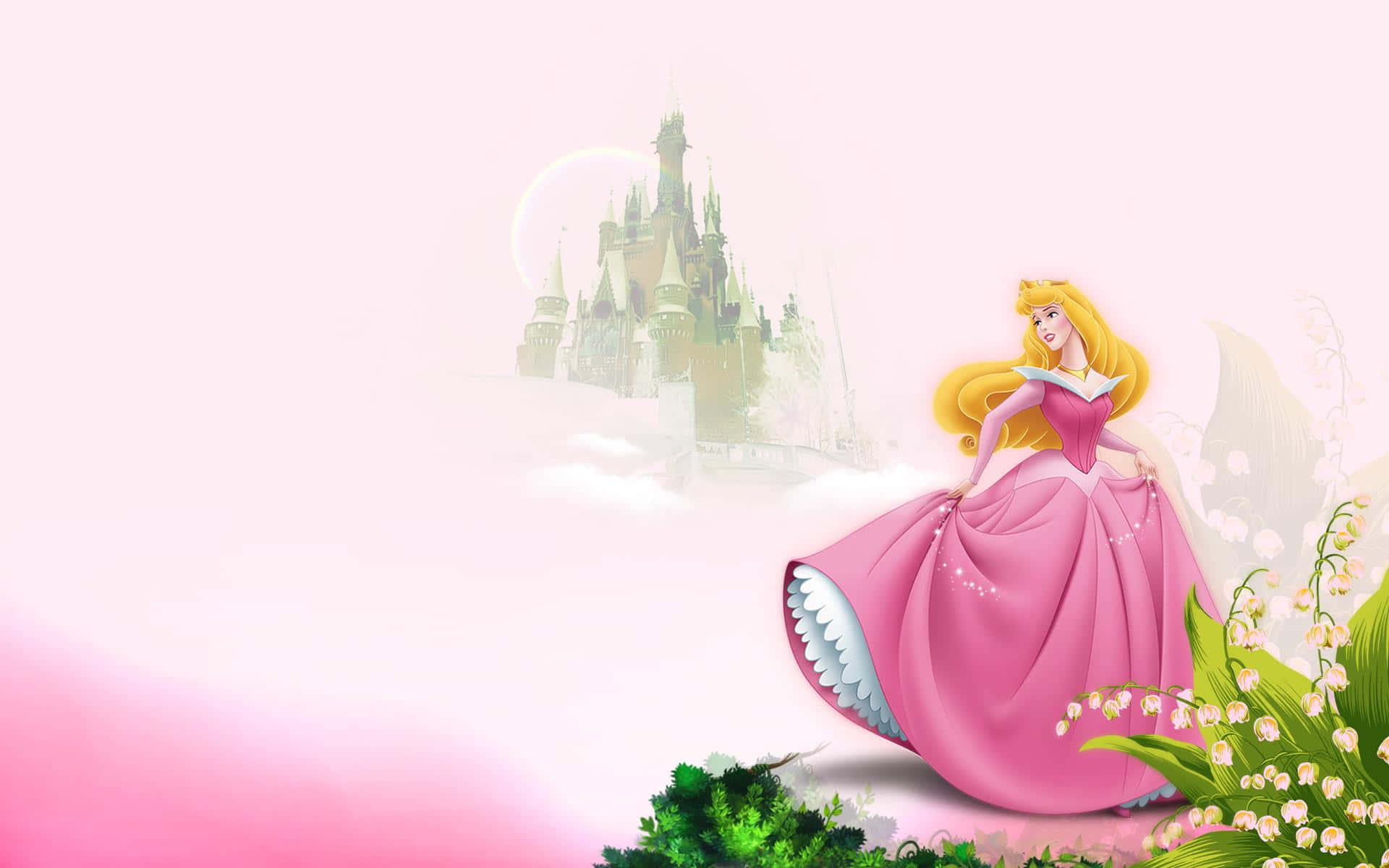 Princess 桌布 壁紙 — 奧蘿拉身穿粉紅色長裙，站在鈴蘭旁邊，背景是霧中的城堡。
