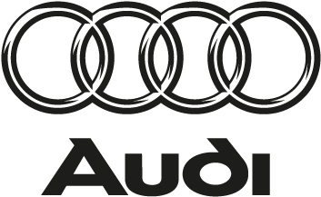 Audi Logo 桌布 壁紙 — 奧迪標誌，四個相扣環圈及品牌名稱以粗體灰色顯示於黑色背景上。