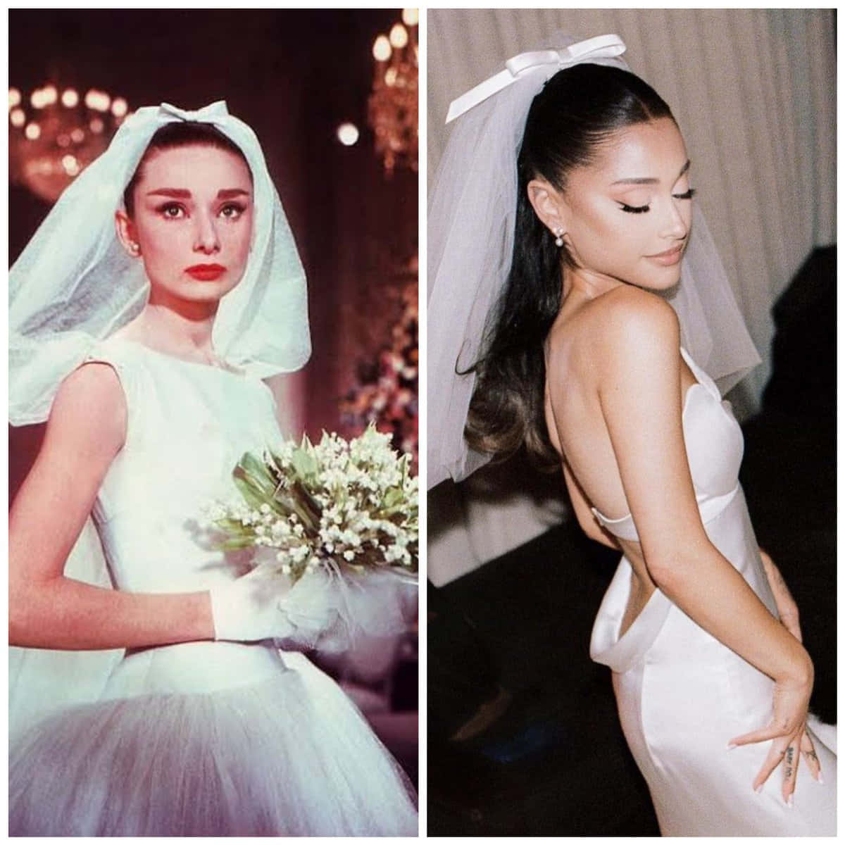 奧黛麗·赫本和亞莉安娜·格蘭德身穿婚紗，戴著頭紗，手持花束。 — 亞莉安娜·格蘭德 GIF 壁紙