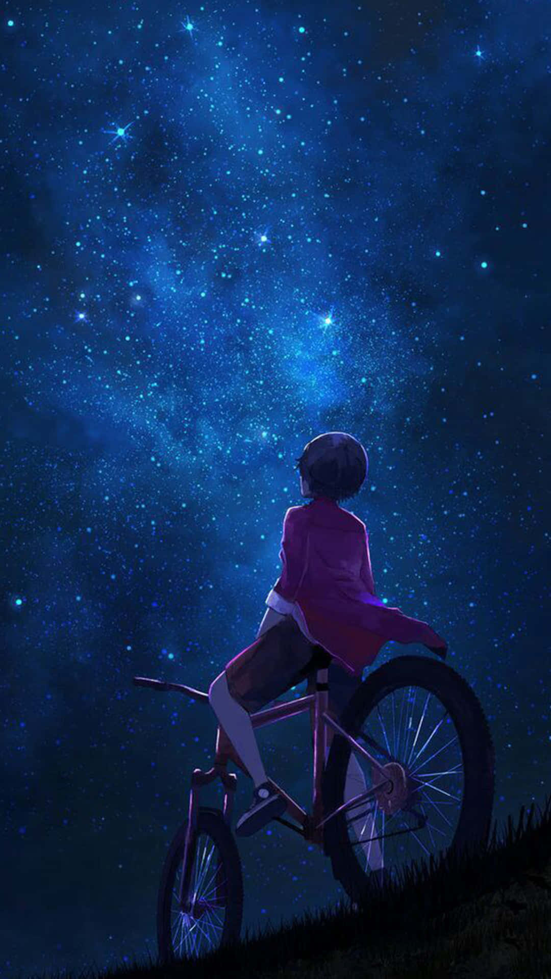 女孩在星空下騎著腳踏車 壁紙