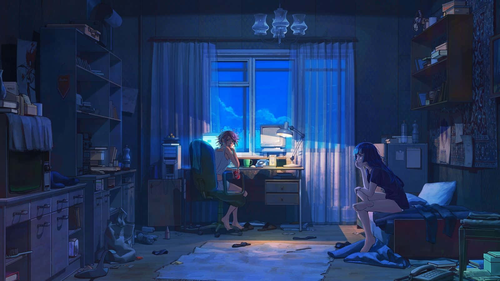 女孩坐在房間裡使用電腦 壁紙