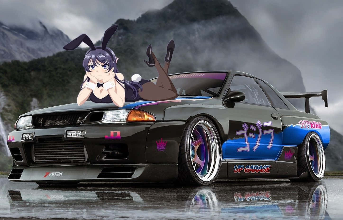 女孩坐在車上，車上還有一隻兔子 壁紙