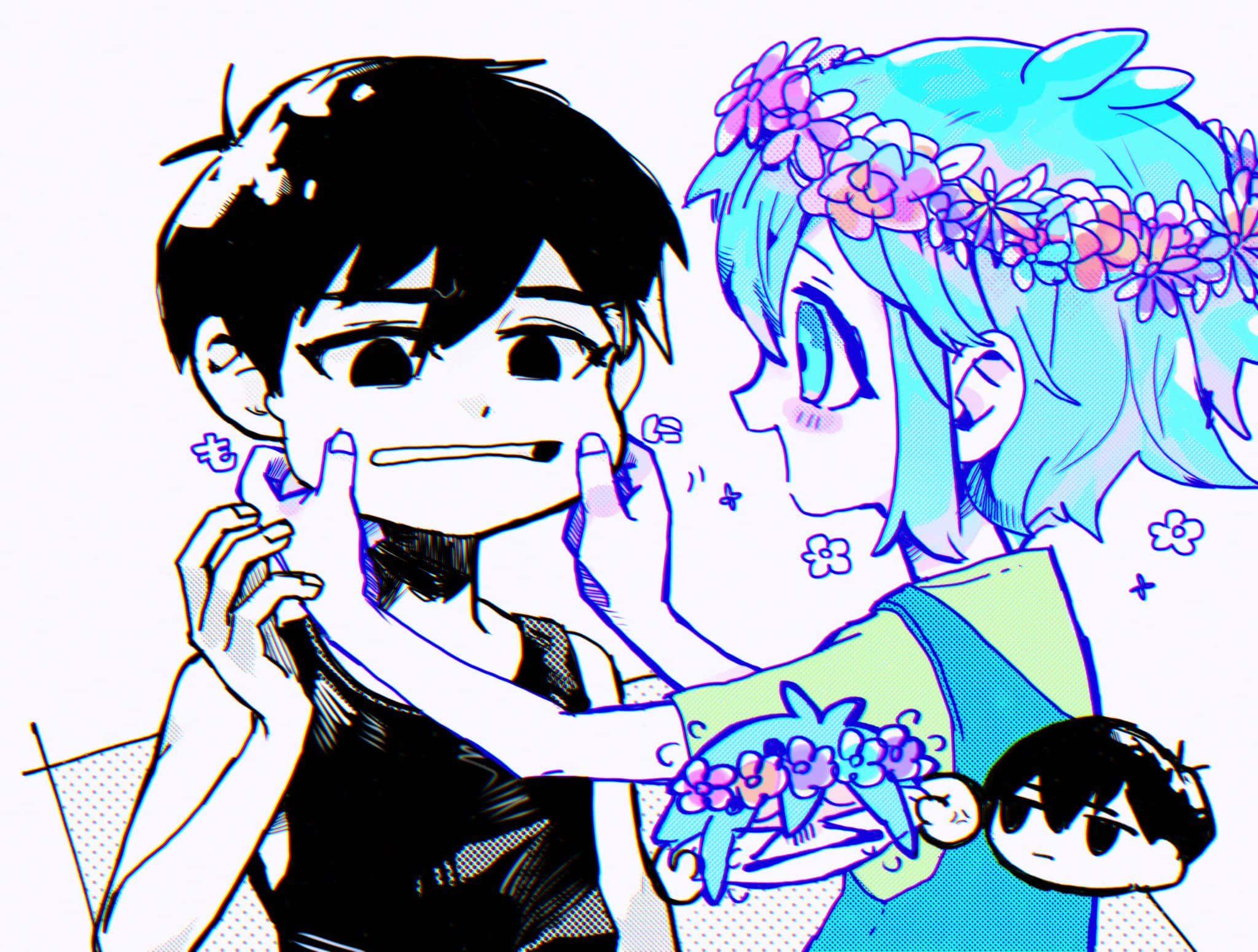女孩手持花朵，男孩也手持花朵 壁紙