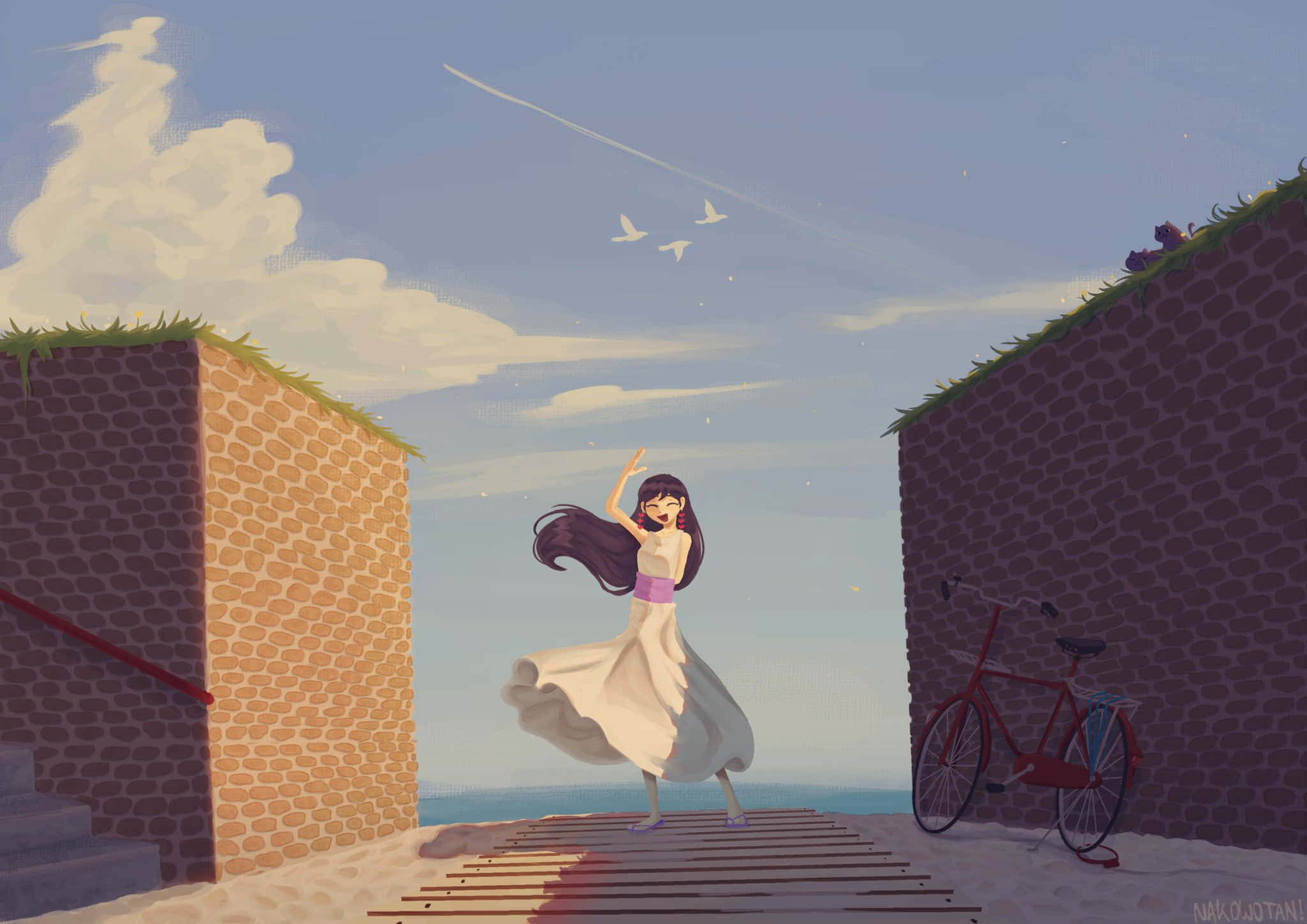 女孩推著自行車走在小徑上 壁紙