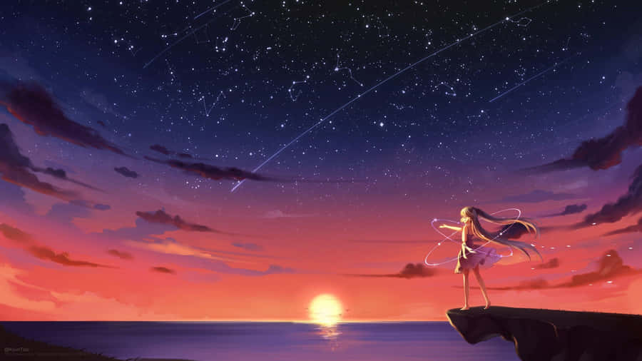 女孩站在懸崖上仰望星空 壁紙