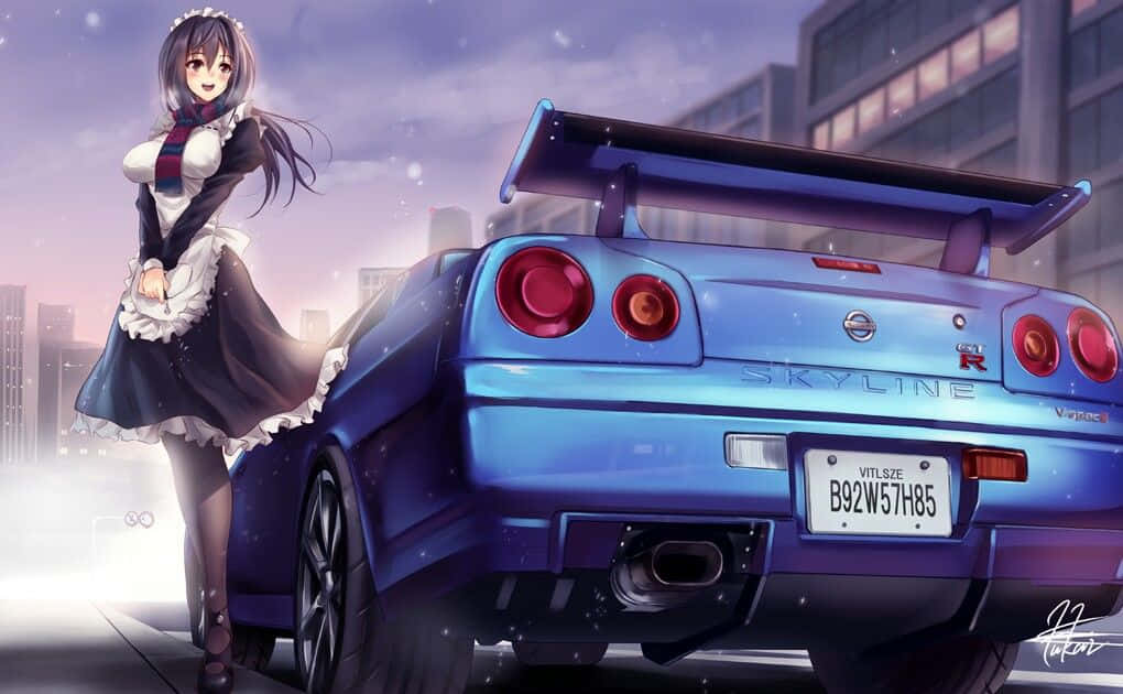 女孩站在藍色汽車旁 壁紙