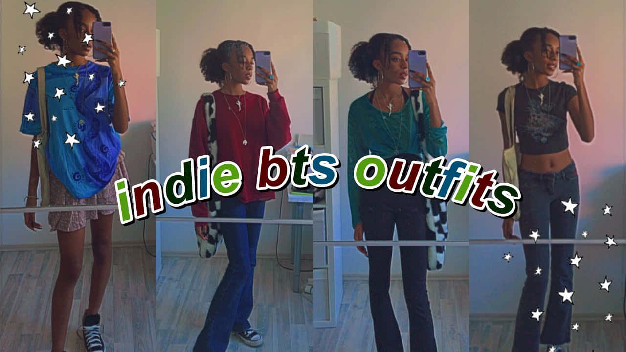 女孩站在鏡子前，鏡面上寫著「indie bitts outfits」 壁紙