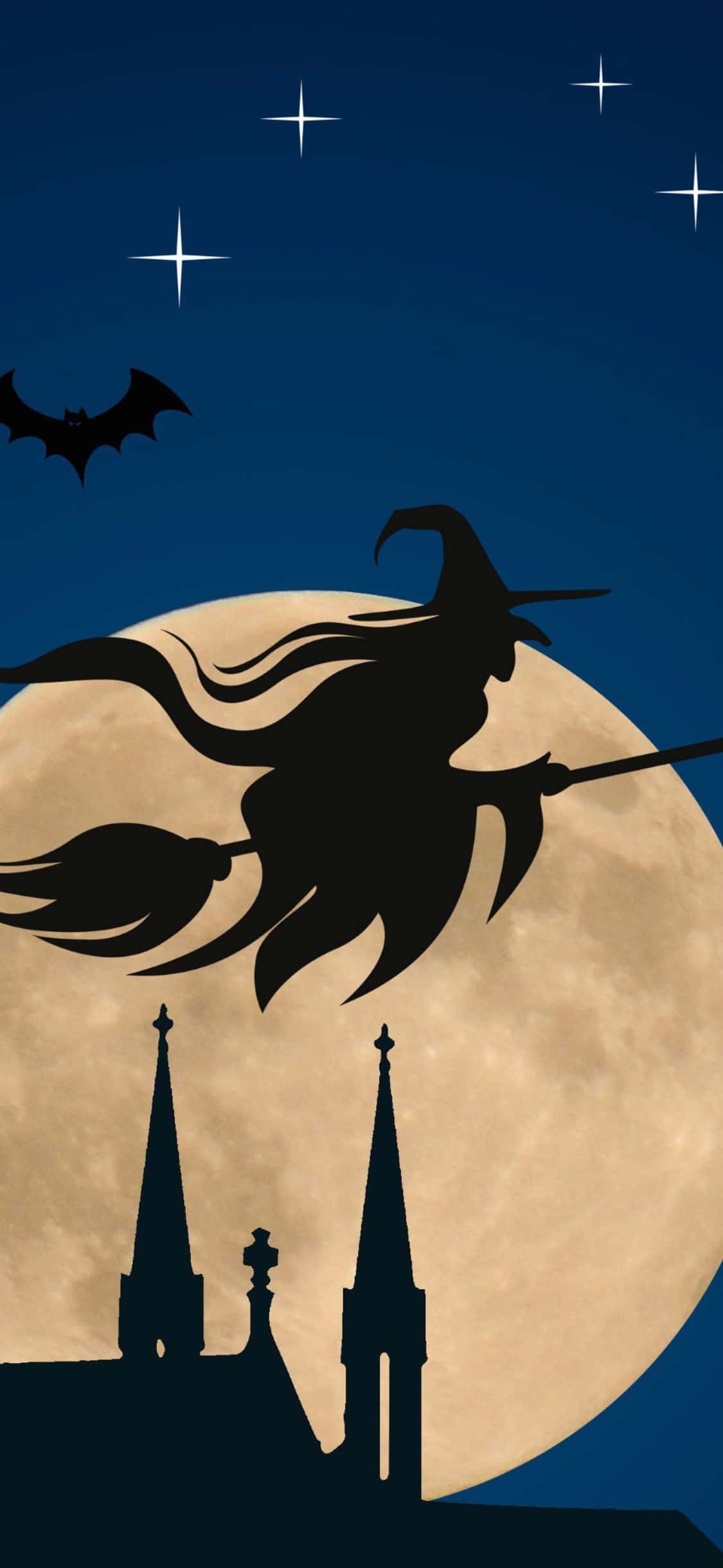 iPhone Halloween 桌布 壁紙 — 女巫騎著掃帚，在滿月、星星和一隻蝙蝠飛越哥德式尖塔的背景下飛行。
