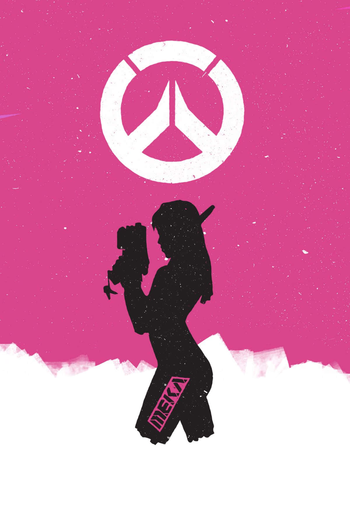 Overwatch D.va 桌布 壁紙 — 女性《鬥陣特攻》英雄手持武器的剪影，背景為鮮豔的粉紅色，上方有《鬥陣特攻》標誌。