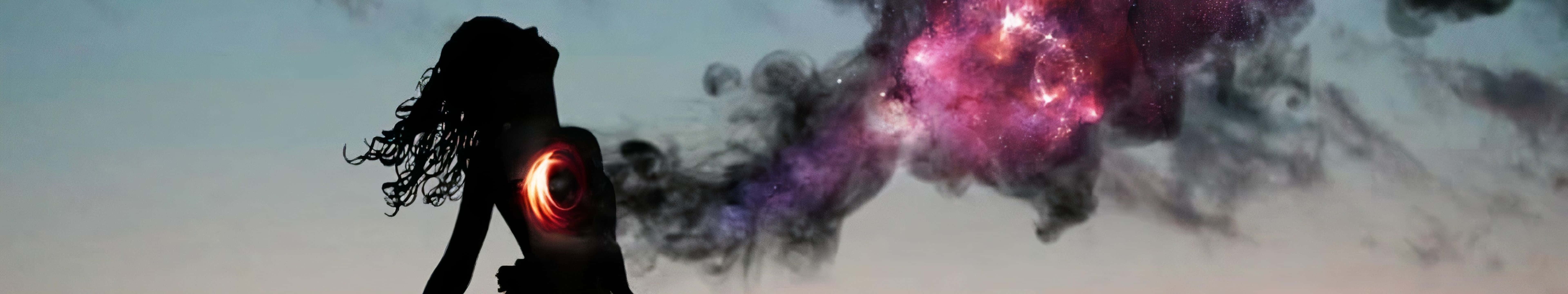 桌布 壁紙 — 女性剪影在暮色天空中呼出宇宙星雲，心臟發光。