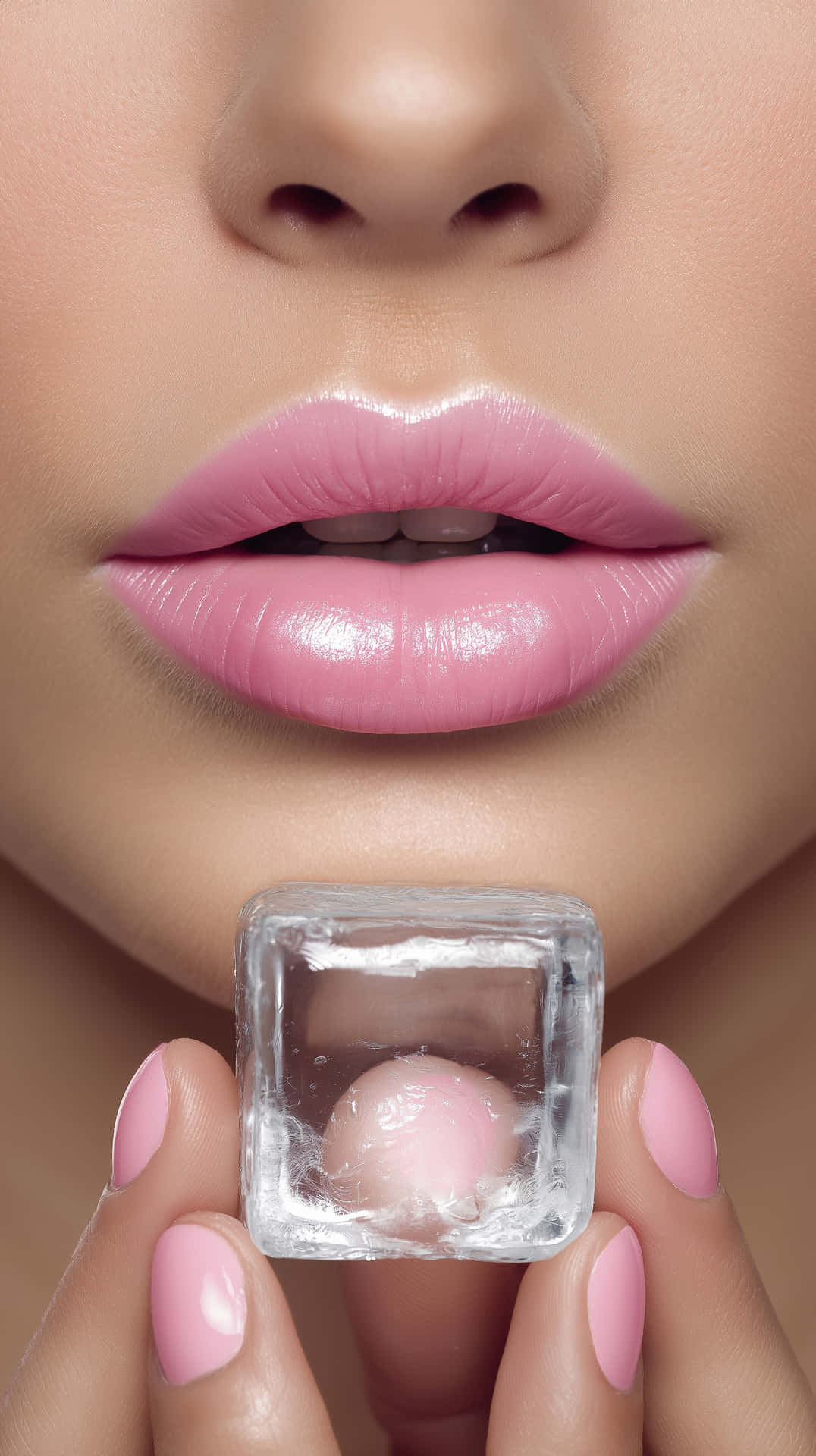 Close-up of Lips with Ice Cube 壁紙 — 女性嘴唇的特寫，含著一塊透明冰塊，裡面有一個粉紅色球體，她的指甲塗成粉紅色。