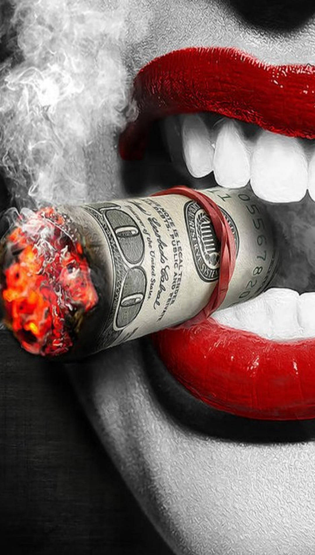 money iPhone 桌布 壁紙 — 女性嘴巴的特寫，大膽的紅唇叼著一張燃燒的美元鈔票當作雪茄，煙霧繚繞。
