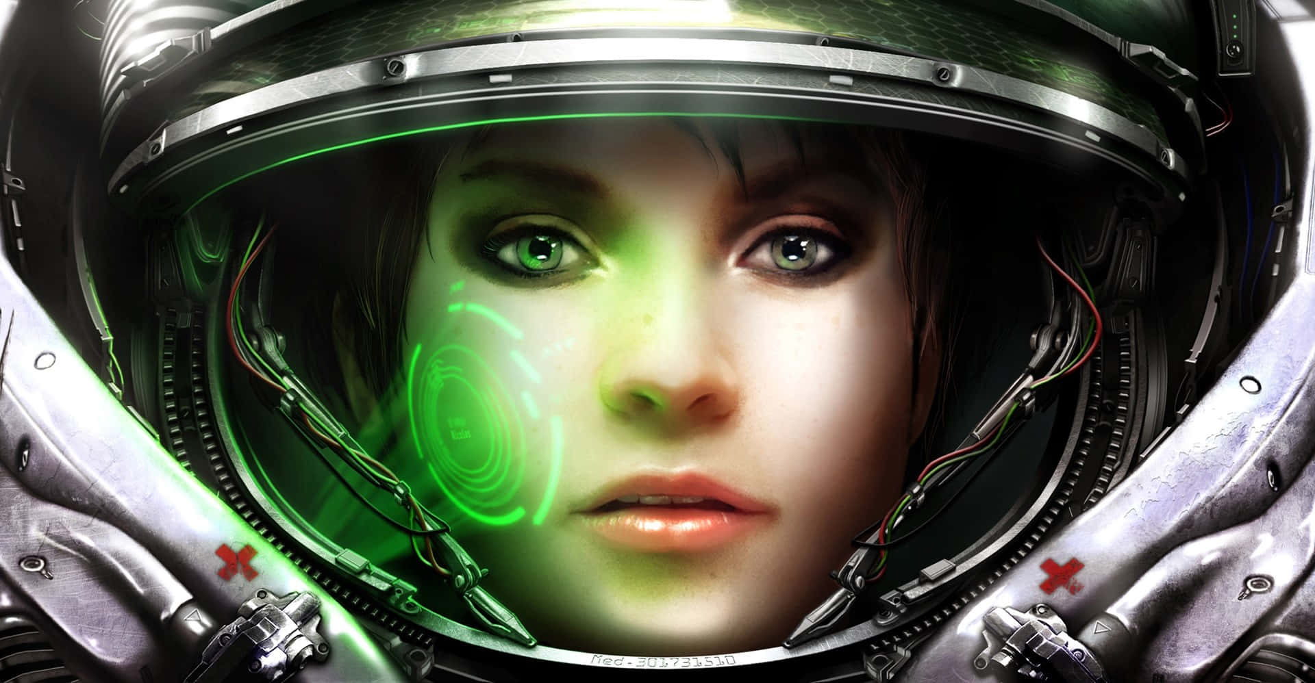 Starcraft Characters 桌布 壁紙 — 女性太空人頭盔內臉部特寫，帶有發光綠色HUD元素和面罩上的紅色十字標記。