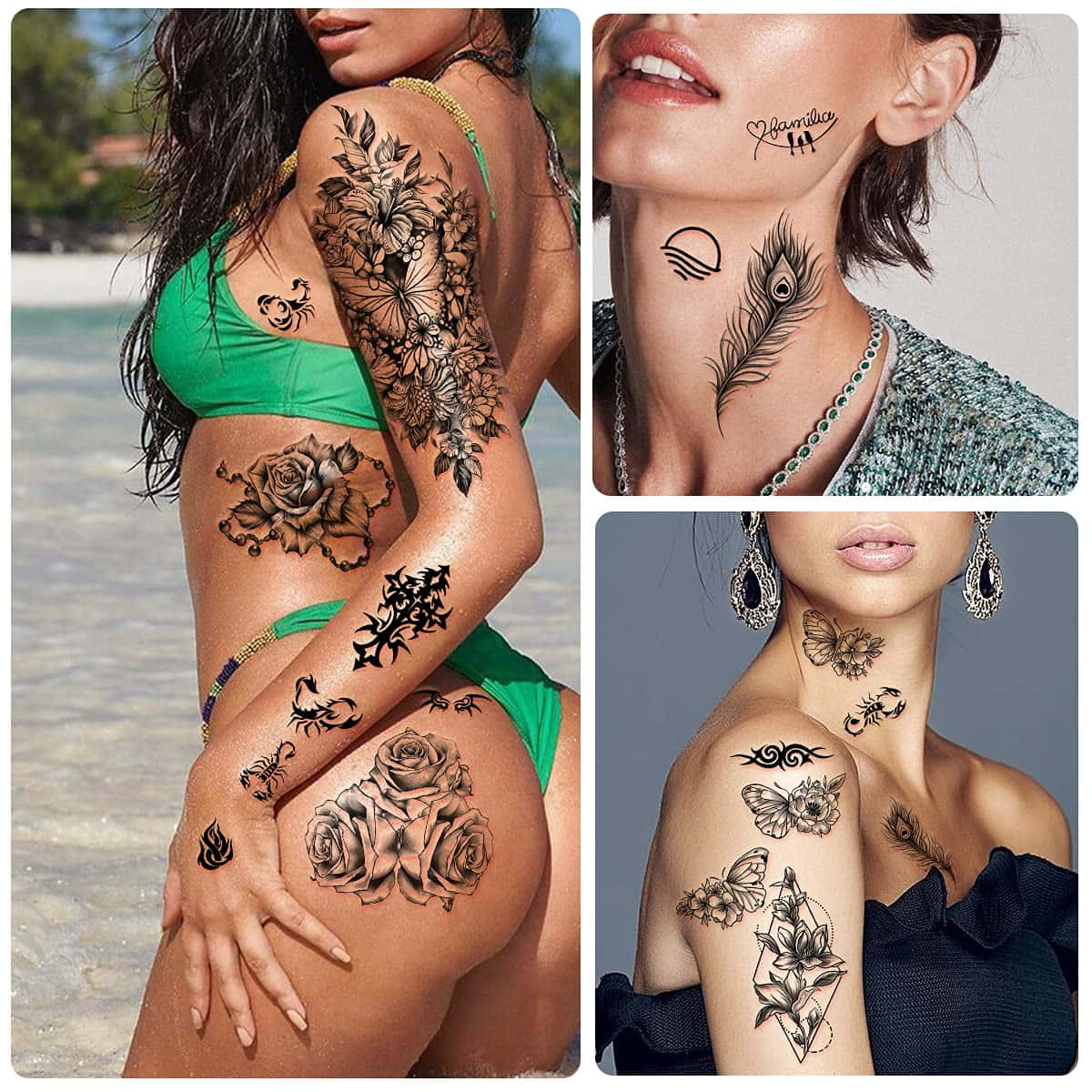 Tattoo Girl 桌布 壁紙 — 女性拼貼畫，展示皮膚上複雜的黑色臨時紋身，包括玫瑰、蠍子、蝴蝶和羽毛，背景為海灘和工作室。