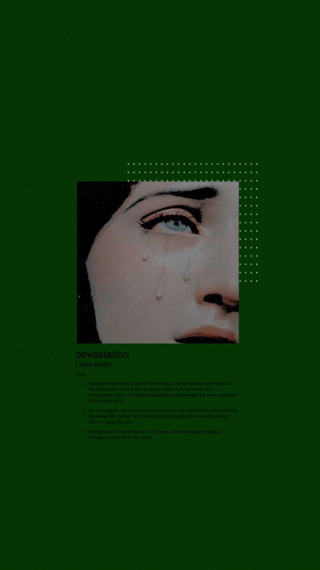深綠色系動畫 桌布 壁紙 — 女性淚痕臉部的特寫，背景為深綠色，帶有虛線幾何裝飾。