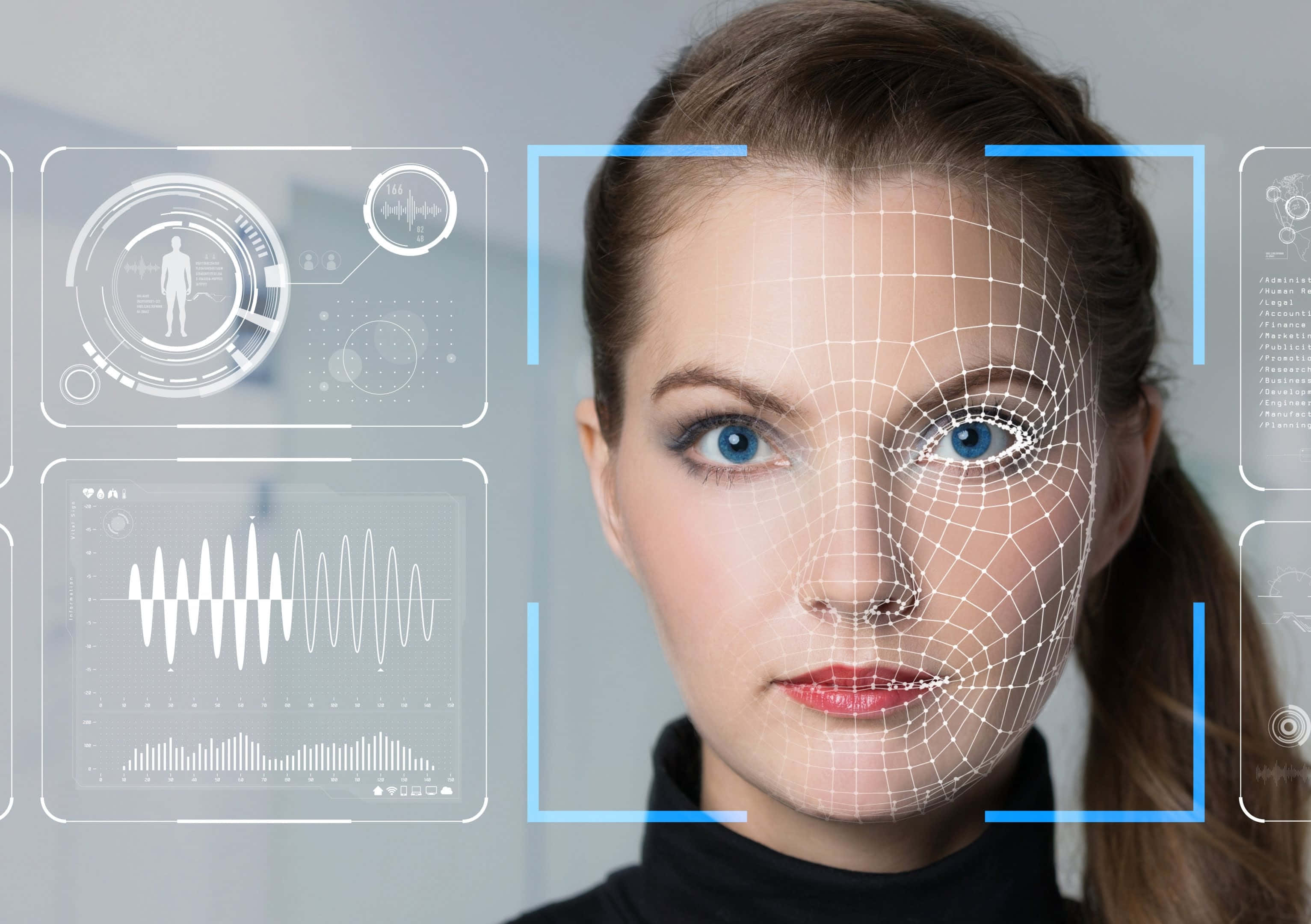 Face Recognition 桌布 壁紙 — 女性的臉部被未來主義的生物識別技術掃描，帶有發光的藍色輪廓和數據疊加。