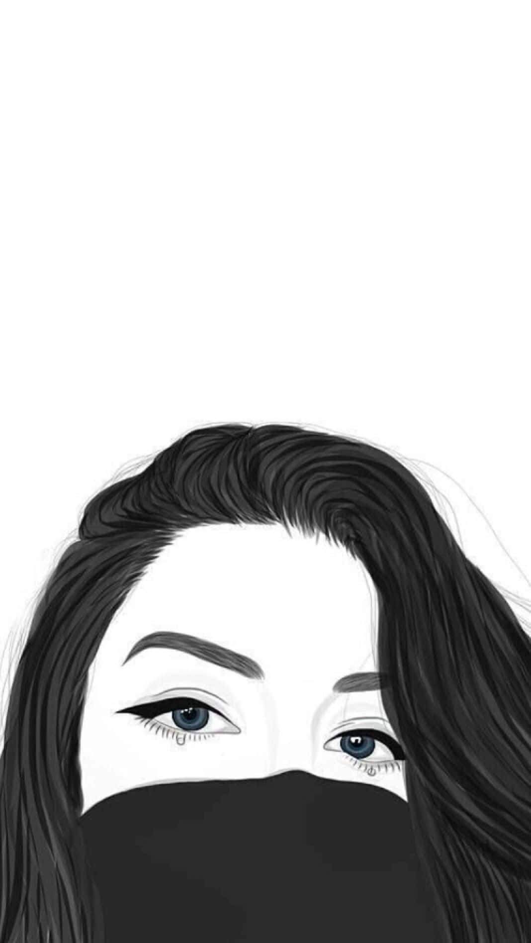 Outline 桌布 壁紙 — 女性眼睛在黑色口罩上窺視的插圖特寫，背景為純白色。