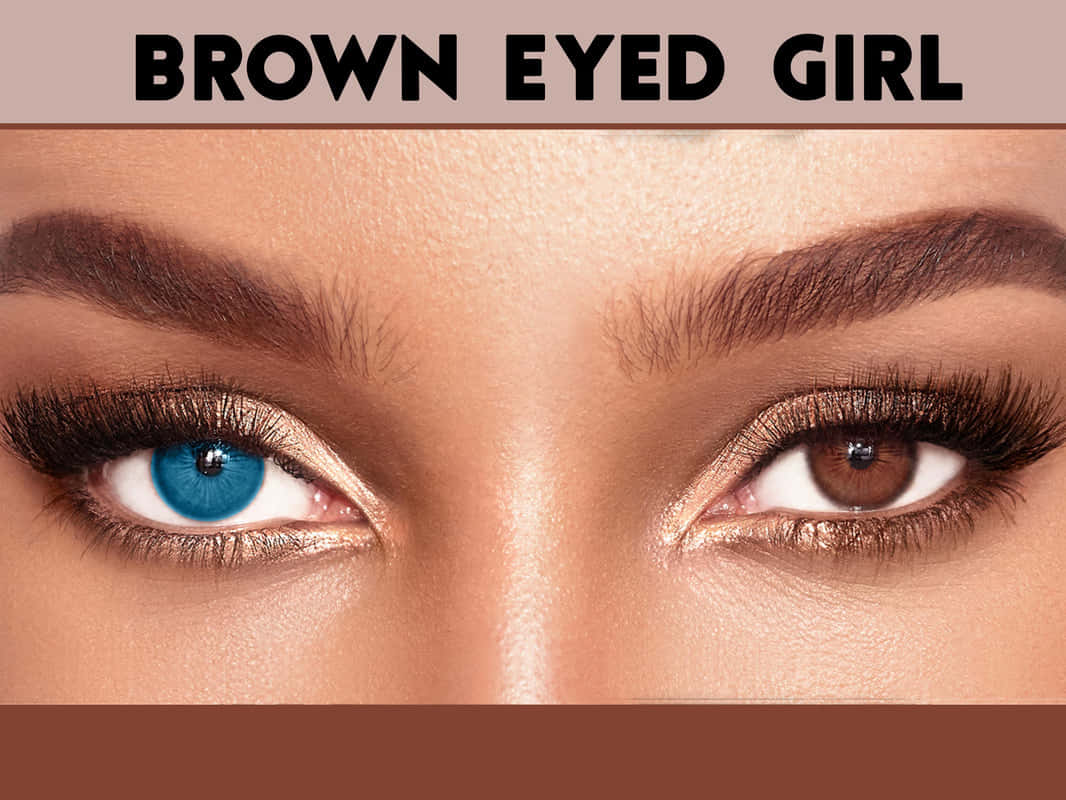 Brown Eyed Girl 桌布 壁紙 — 女性眼睛特寫，一隻藍色一隻棕色，帶有戲劇性的睫毛和金色閃爍眼影。