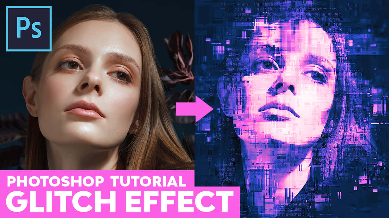 Glitch 桌布 壁紙 — 女性肖像轉變為像素化故障效果，帶有充滿活力的紫色和藍色數位噪點。