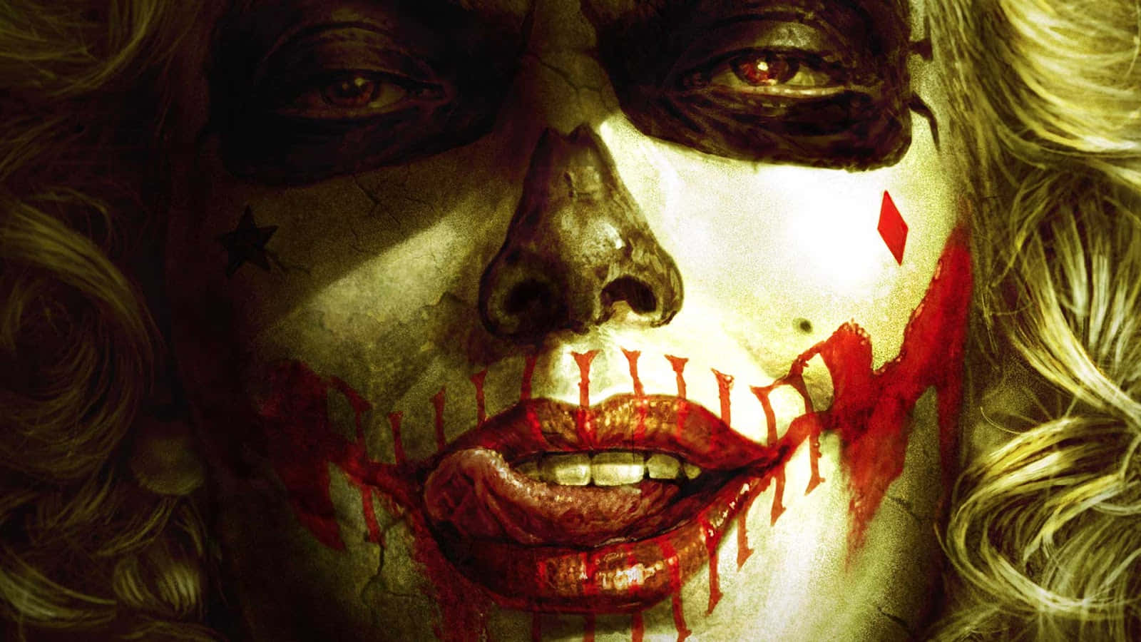 Batman Damned 桌布 壁紙 — 女性臉部特寫，臉部塗白，帶有紅色血狀縫線和符號，傳達恐怖與瘋狂。