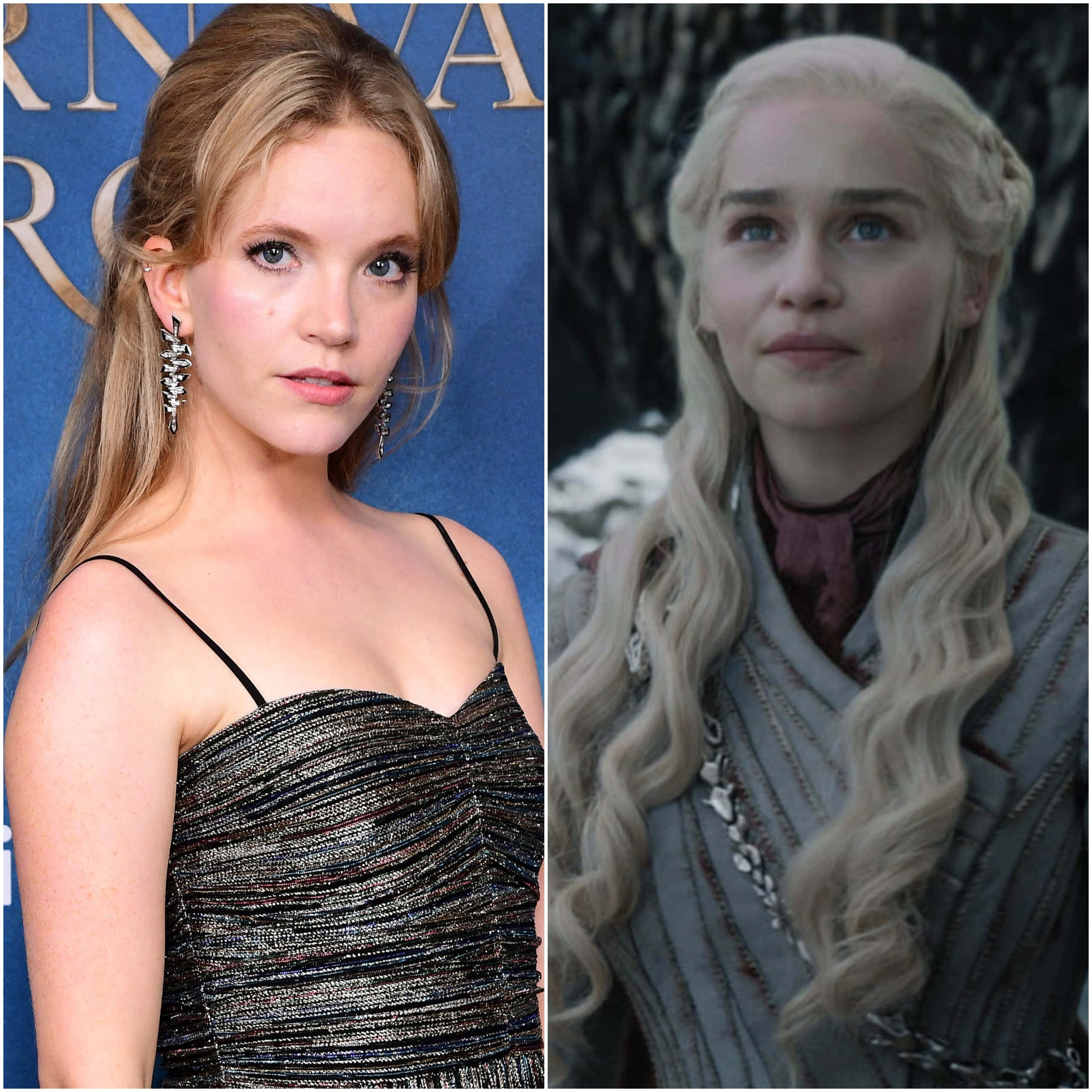 冰與火之歌 桌布 壁紙 — 女演員 Mackenzie Foy 穿著迷人黑色連衣裙，旁邊是她穿著雪地奇幻服裝的角色 Daenerys Targaryen 的分割肖像。