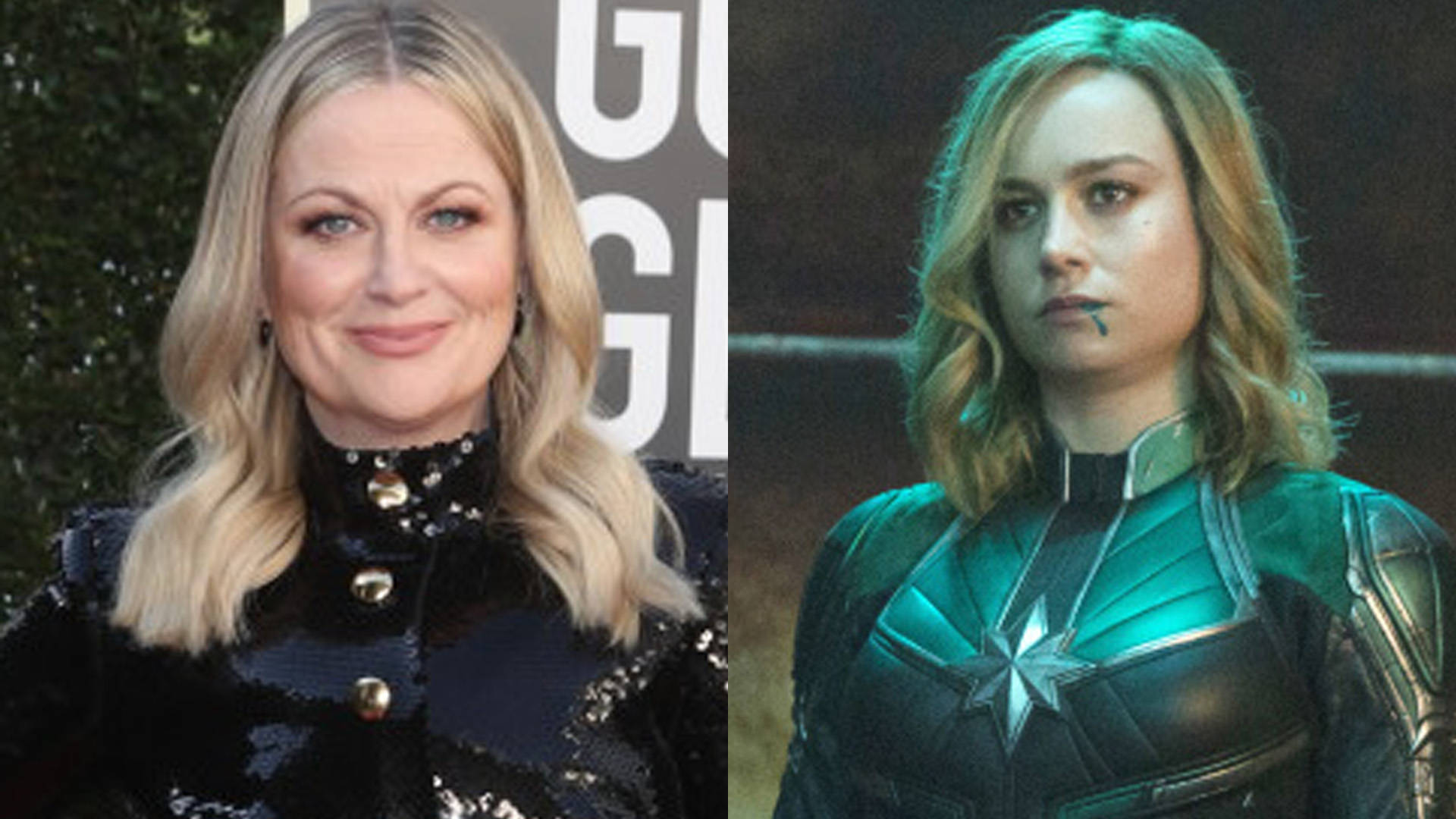 漫威 桌布 壁紙 — 女演員Amy Poehler穿著黑色亮片服裝和Brie Larson飾演Captain Marvel穿著綠色和銀色套裝的分割圖像。