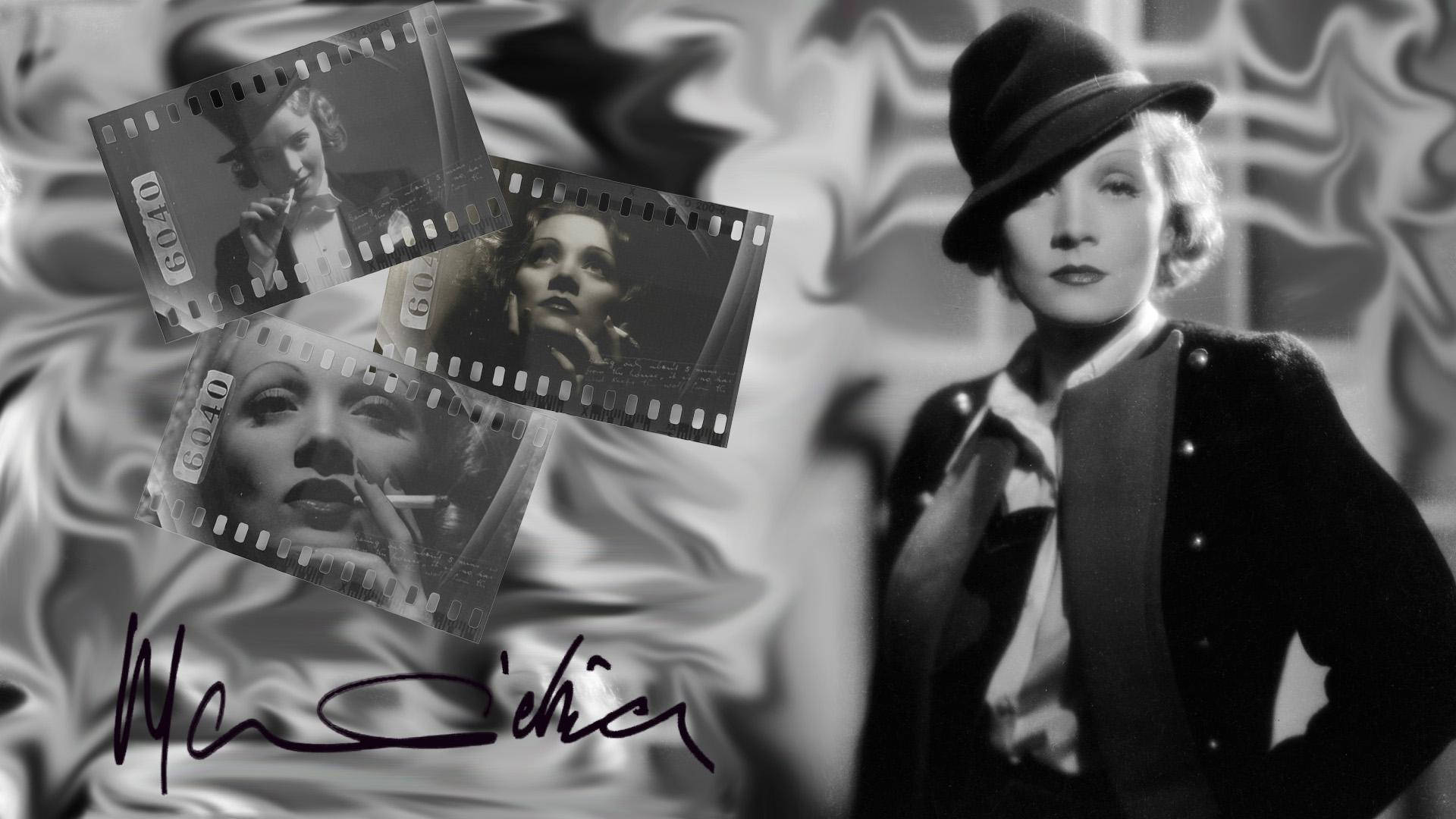 Marlene Dietrich 桌布 壁紙 — 女演員瑪蓮娜·迪特麗的復古黑白肖像，帶有顯示她標誌性場景的膠片條，背景是旋轉的布料。