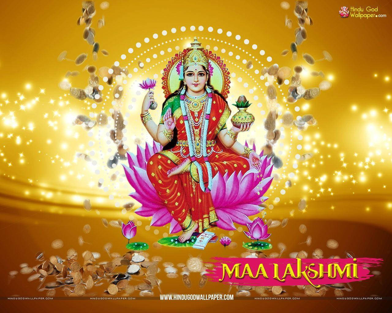 Lakshmi 桌布 壁紙 — 女神拉克什米端莊地坐在粉紅色蓮花寶座上，飾有金幣和發光粒子，背景是燦爛的金色。