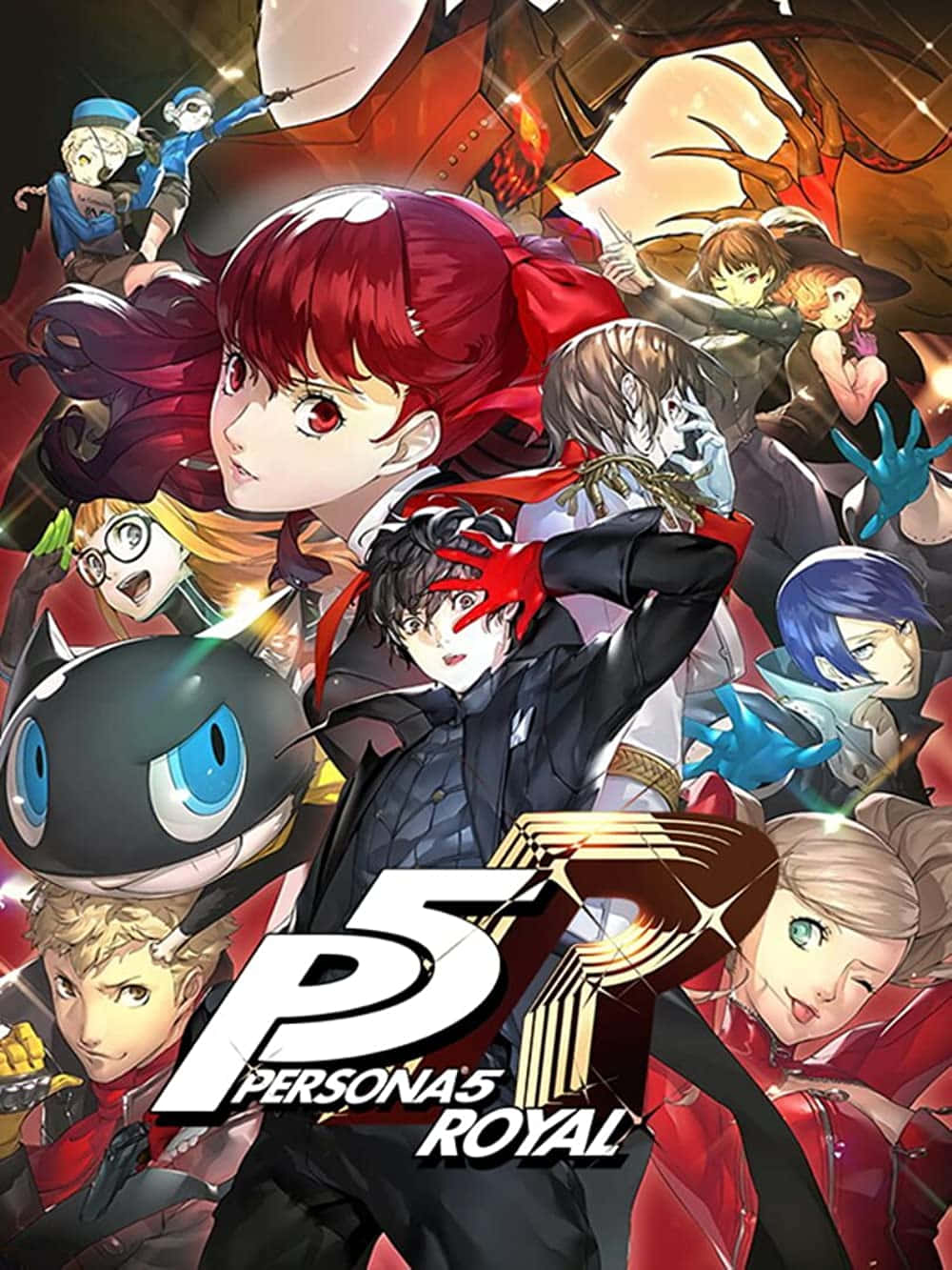 女神異聞錄5 桌布 壁紙 — 《女神異聞錄5 皇家版》的動態動畫海報，中央有一位紅髮女孩，多個角色以戲劇性姿勢呈現，帶有發光效果。