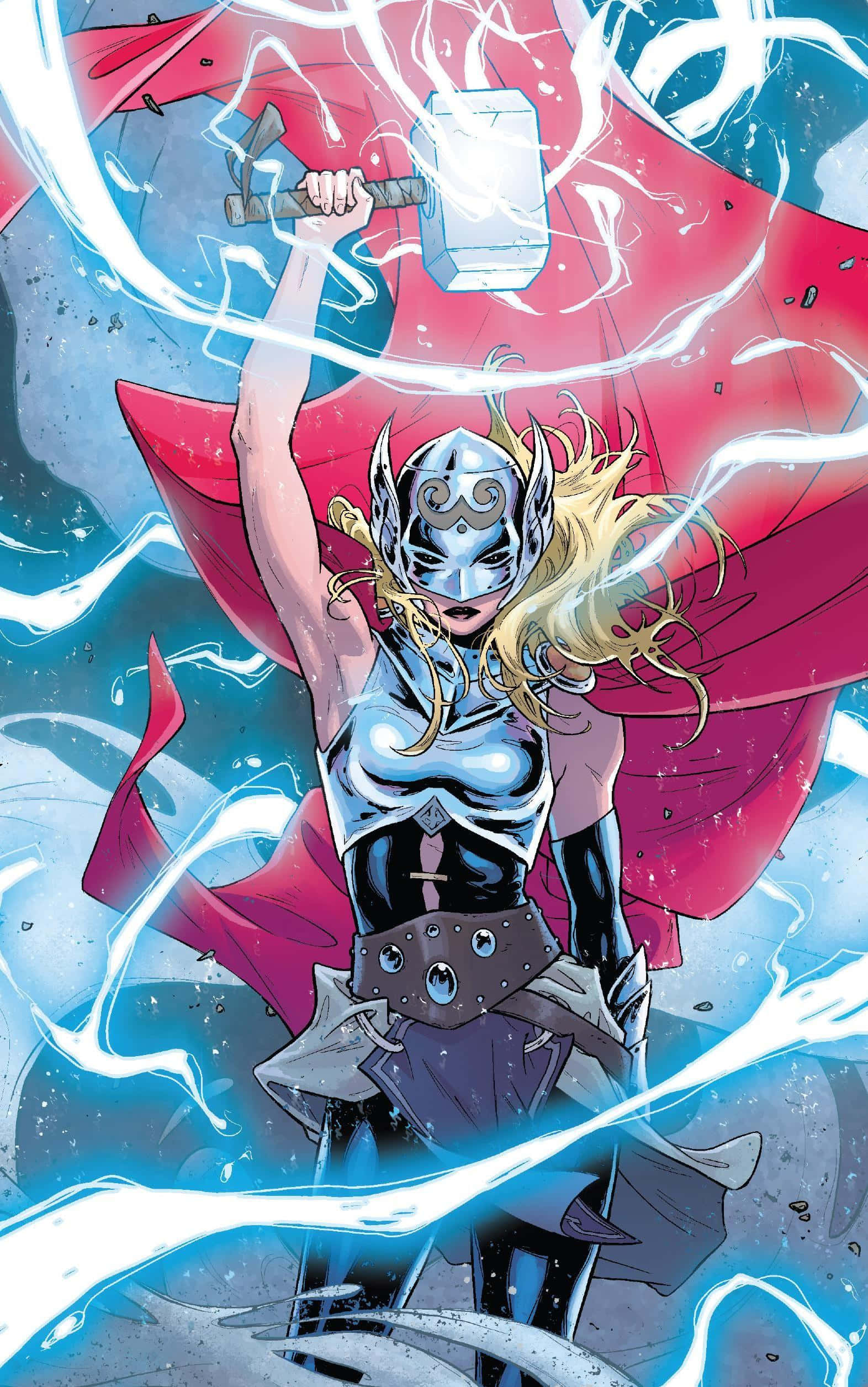 Jane Foster 桌布 壁紙 — 女雷神在劈啪作響的閃電中揮舞著她的錘子，披著飄逸的紅色斗篷，背景是宇宙藍色。