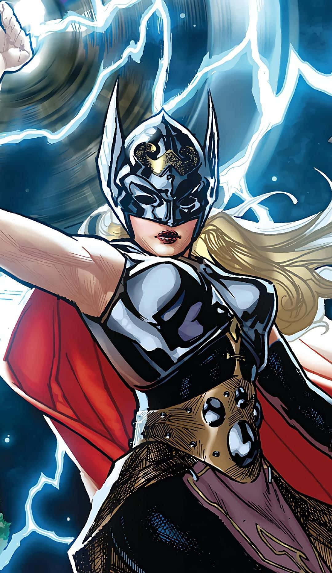 Jane Foster 桌布 壁紙 — 女雷神身穿金屬盔甲，飄逸金髮，在宇宙風暴背景下揮舞閃電。