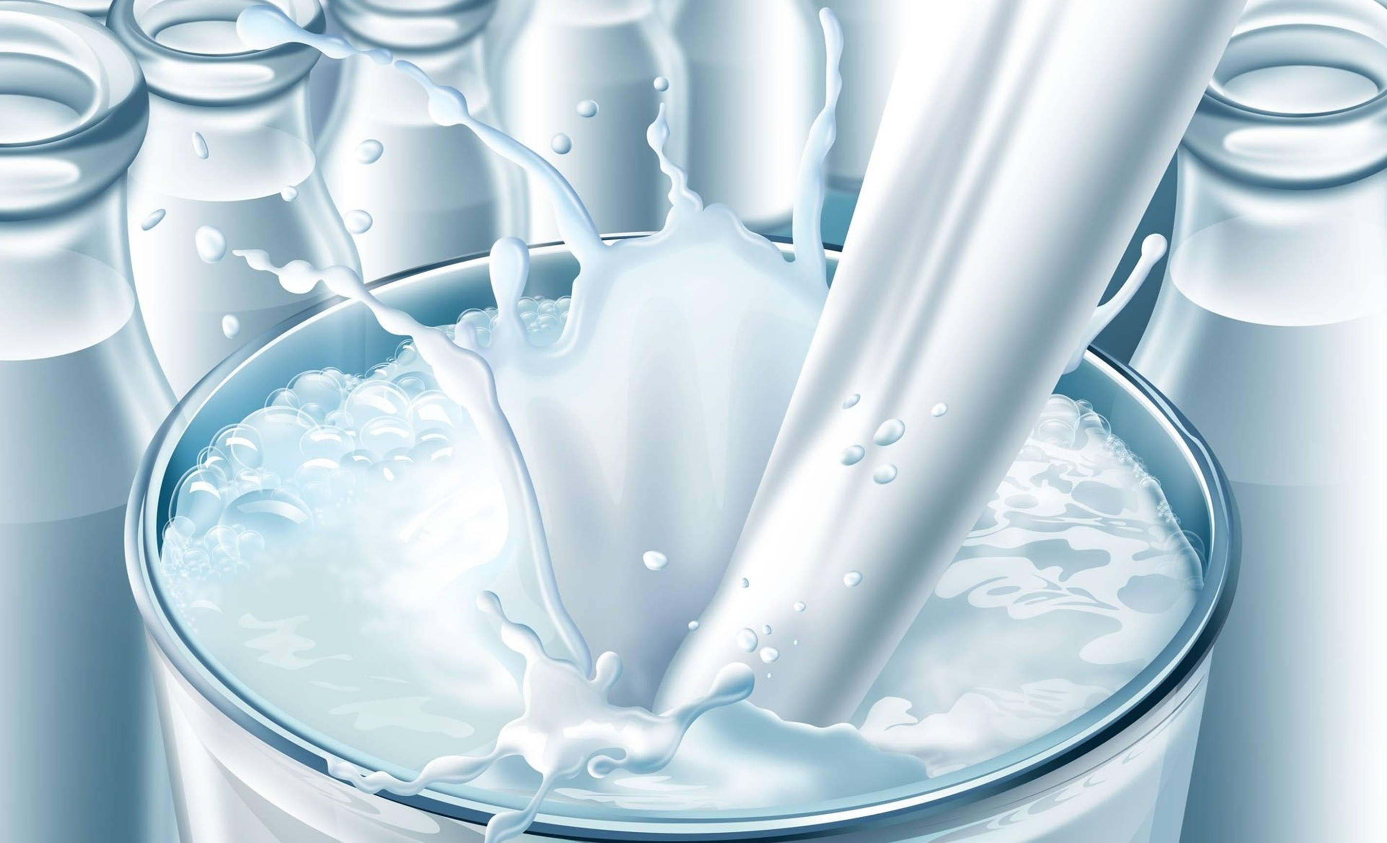 Milk 桌布 壁紙 — 奶油狀的牛奶動態地倒入玻璃杯中，在玻璃瓶周圍產生泡沫飛濺和氣泡。