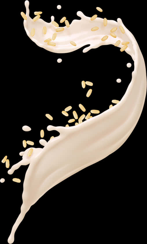 Milk 桌布 壁紙 — 奶油狀的白色液體在黑色背景上動態飛濺，散落著金色的米粒。
