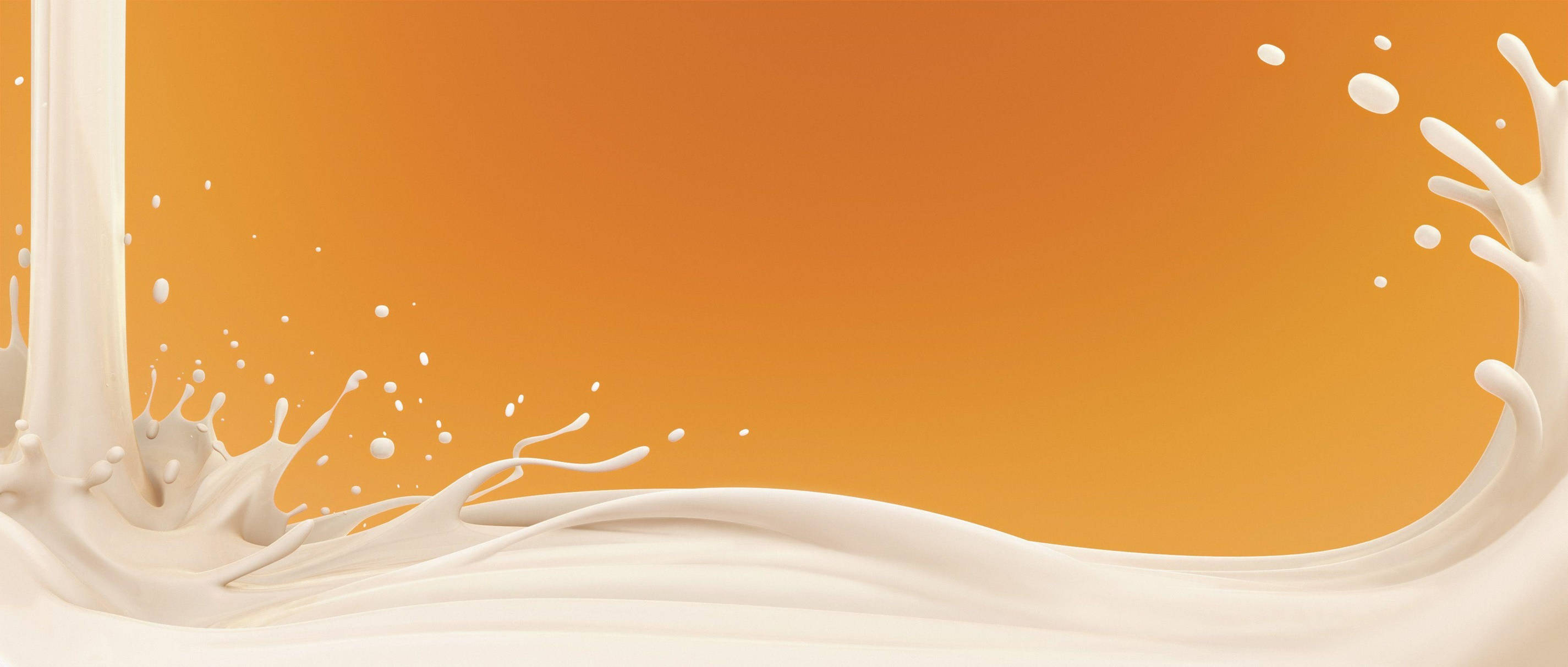 Milk 桌布 壁紙 — 奶油白色液體在溫暖的橙色漸變背景上動態飛濺。