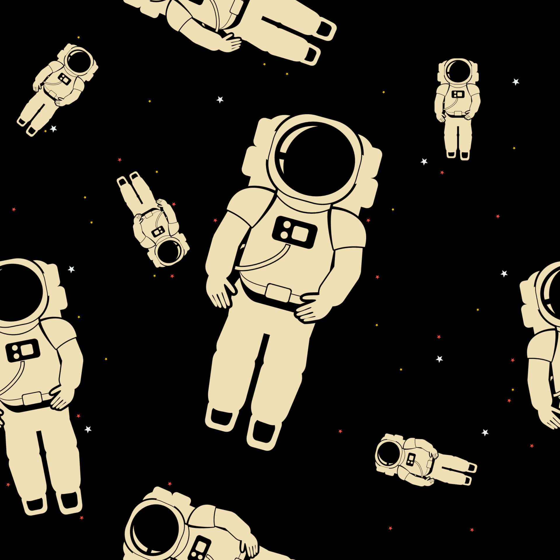Cartoon Science 桌布 壁紙 — 奶油色的太空人在深邃的黑色宇宙背景下，於散落的星星之間平靜地漂浮。