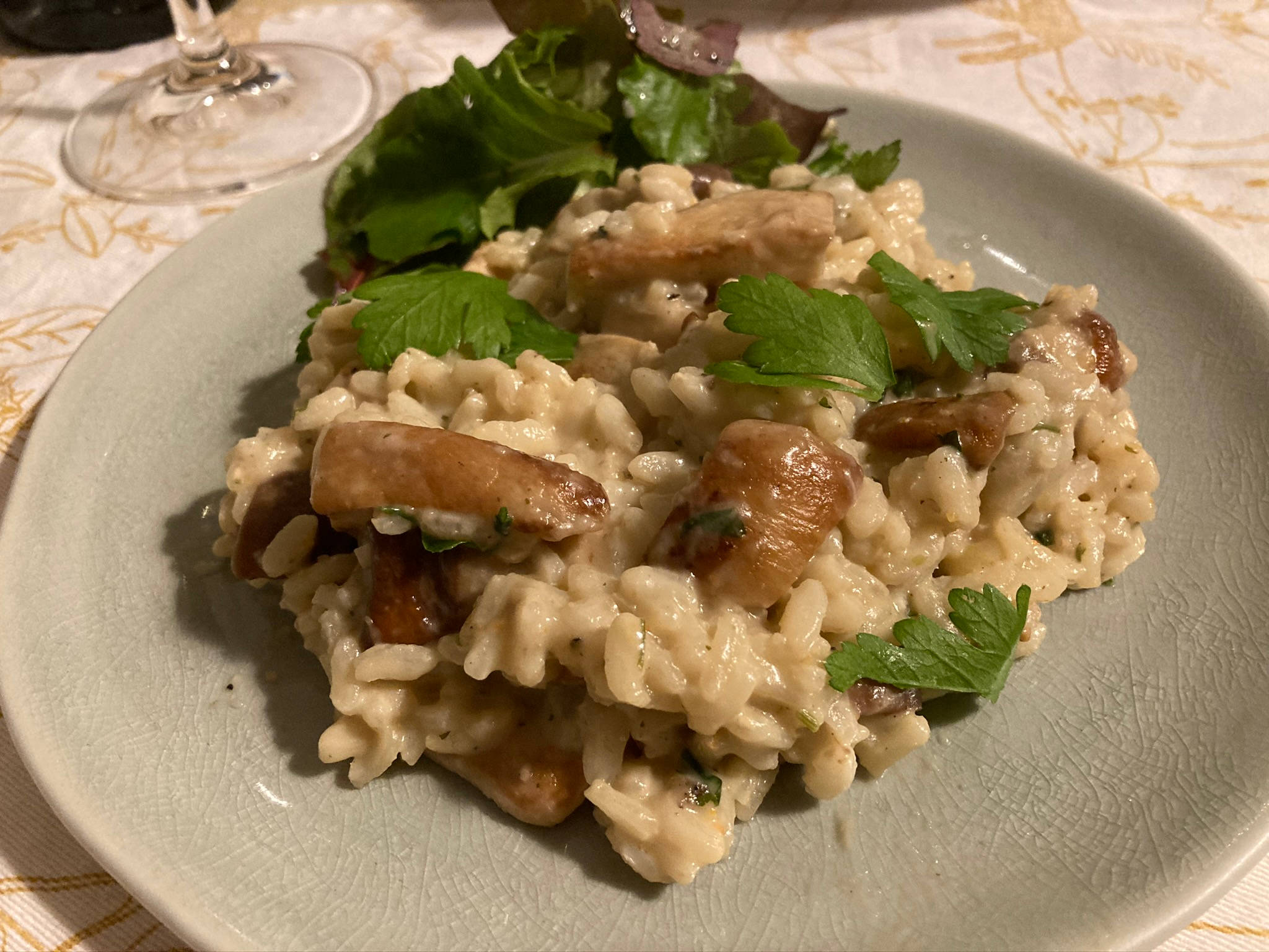 mushrooms 桌布 壁紙 — 奶油蘑菇燉飯，飾以新鮮歐芹和配菜沙拉，置於紋理盤上。