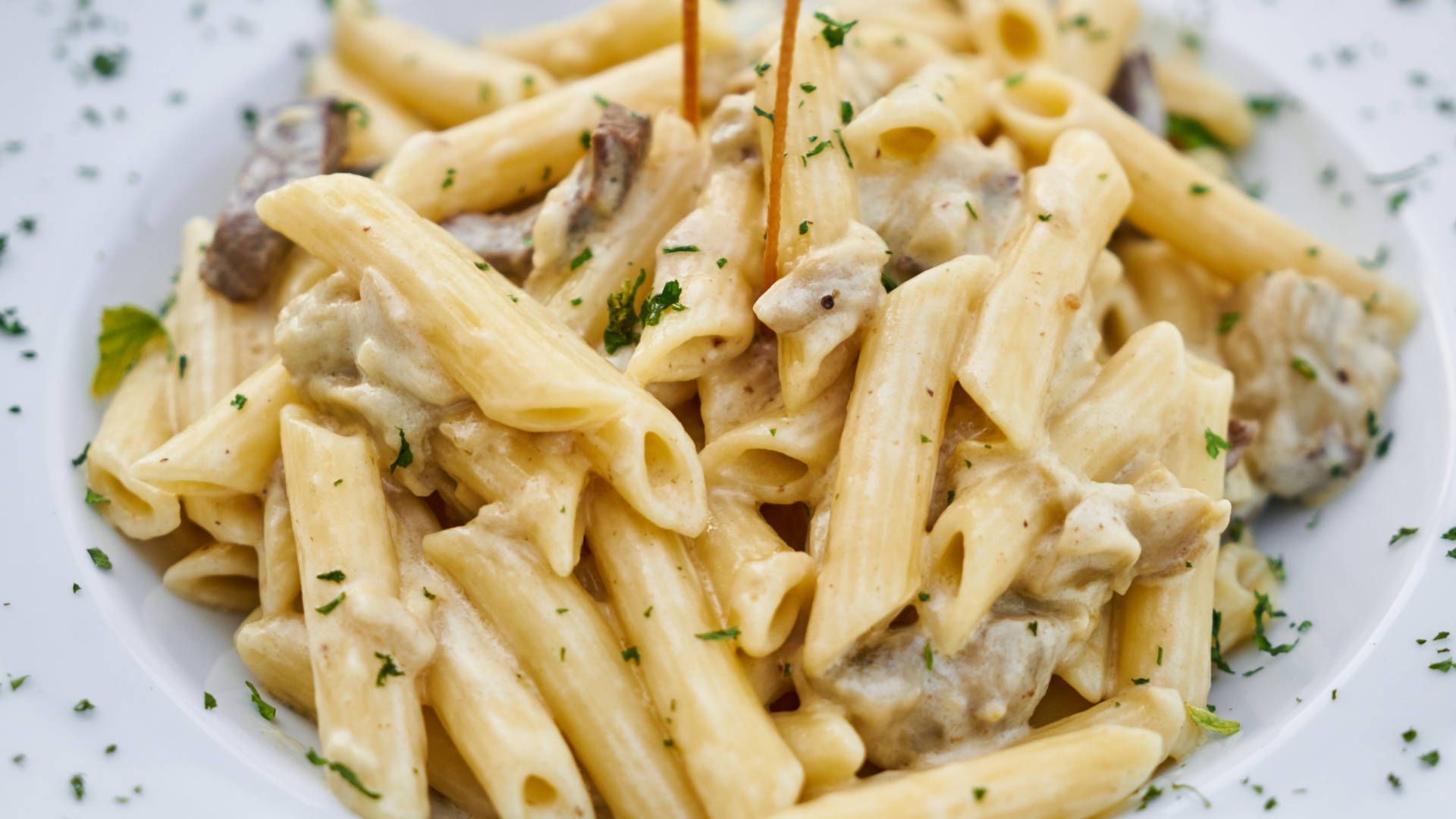 Pasta 桌布 壁紙 — 奶油蘑菇香草筆管麵，盛放在白色盤子上。