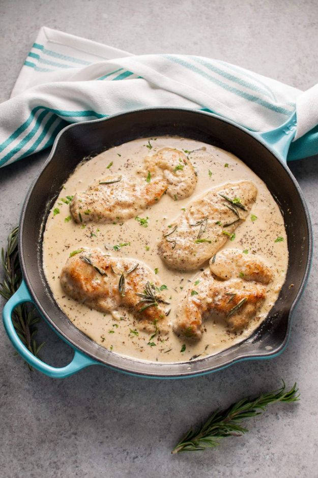 Chicken 桌布 壁紙 — 奶油迷迭香雞胸肉在青綠色平底鍋中與新鮮香草和黑胡椒一同慢煮。