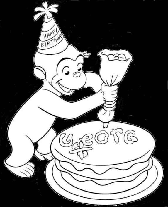 猴子 桌布 壁紙 — 好奇喬治戴上生日帽，用糖霜裝飾蛋糕，同時開心地微笑。