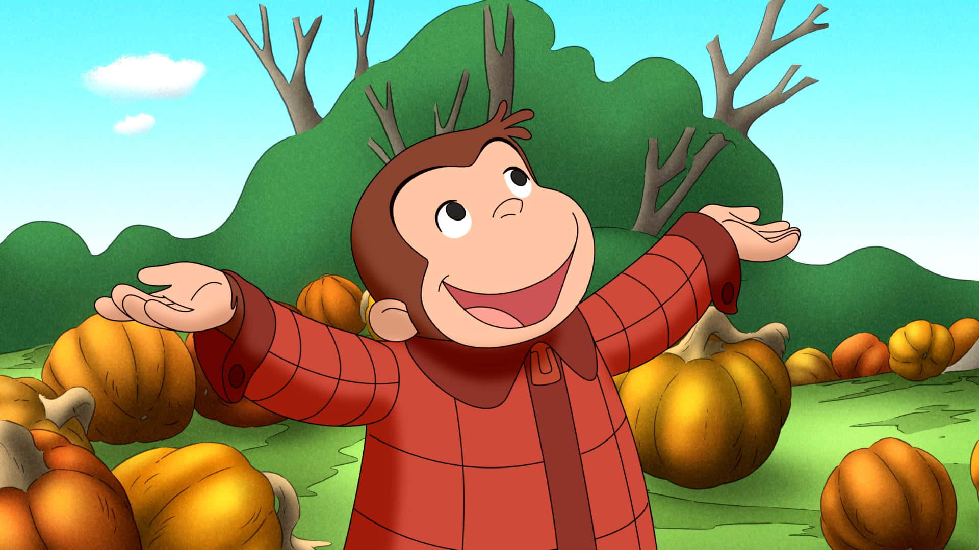 pbs kids 桌布 壁紙 — 好奇喬治身穿紅色格紋外套，在光禿禿的樹木和綠色山丘、晴朗藍天下，開心地站在南瓜之間。
